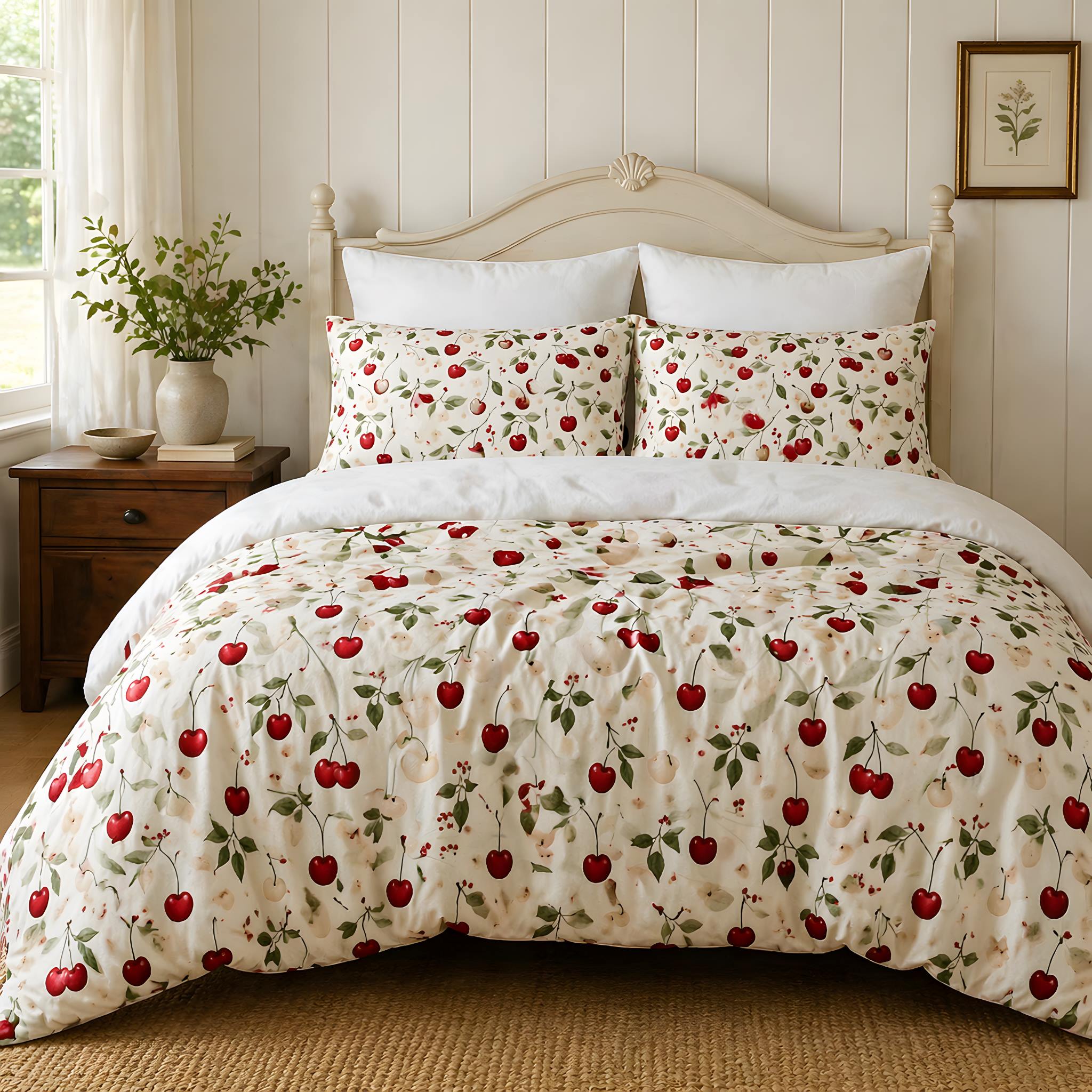 Bedroom with cherry aesthetic bedding and decor