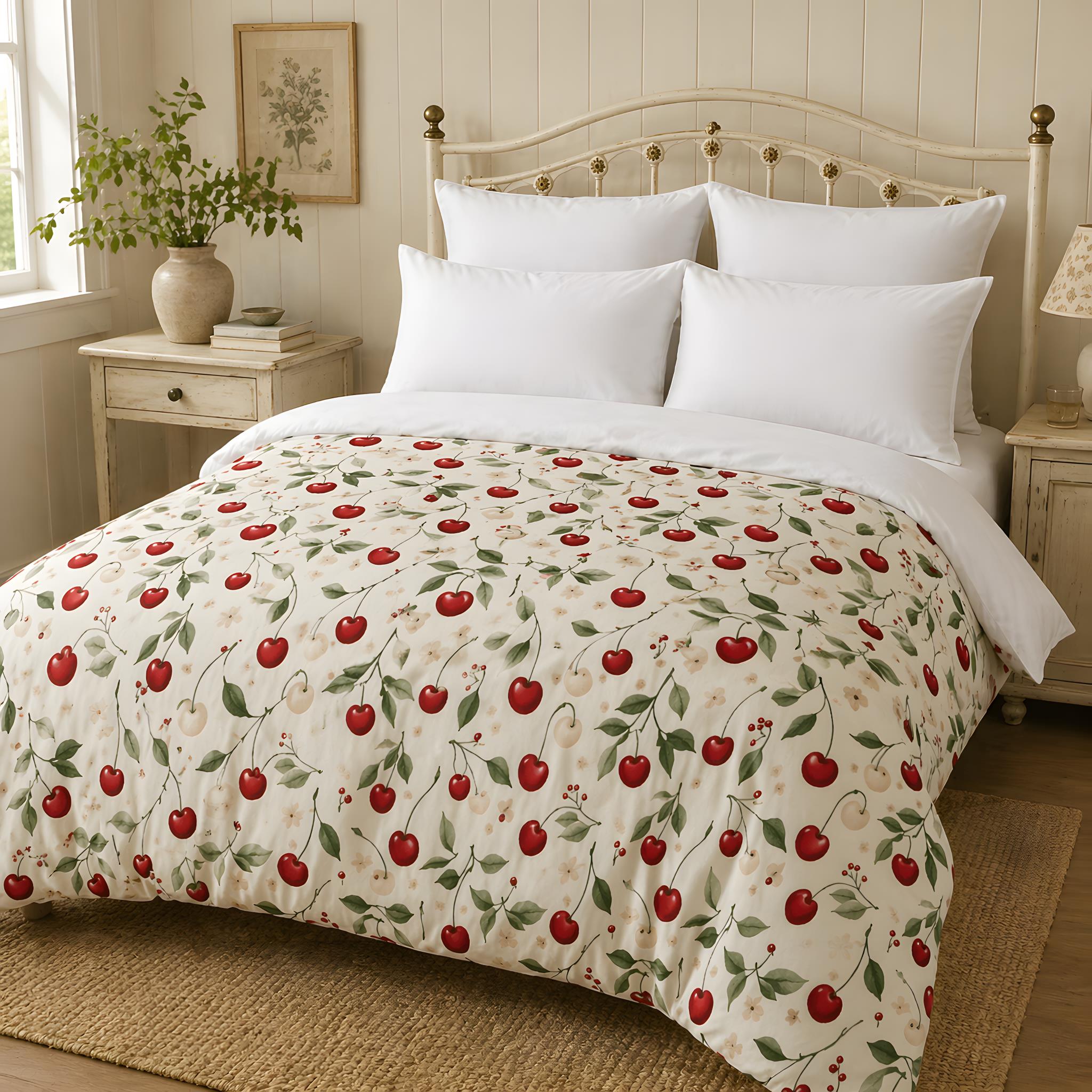 Bed with cherry duvet bedding in a cottage bedroom setting.