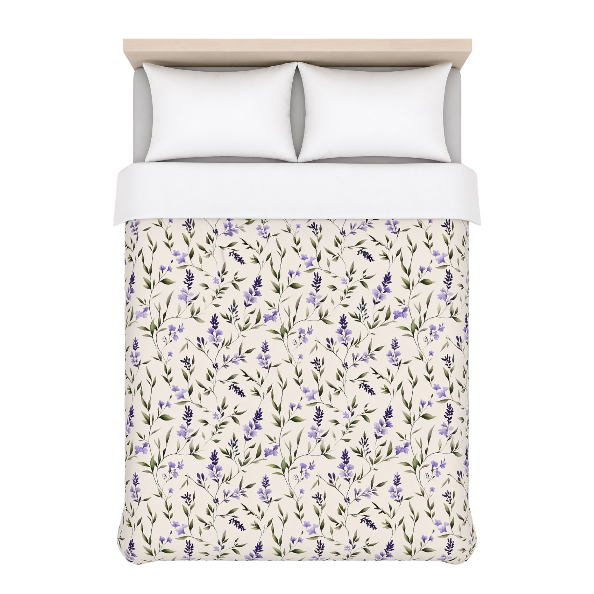 Bed with a lavender floral duvet cover and white pillows on a white background.