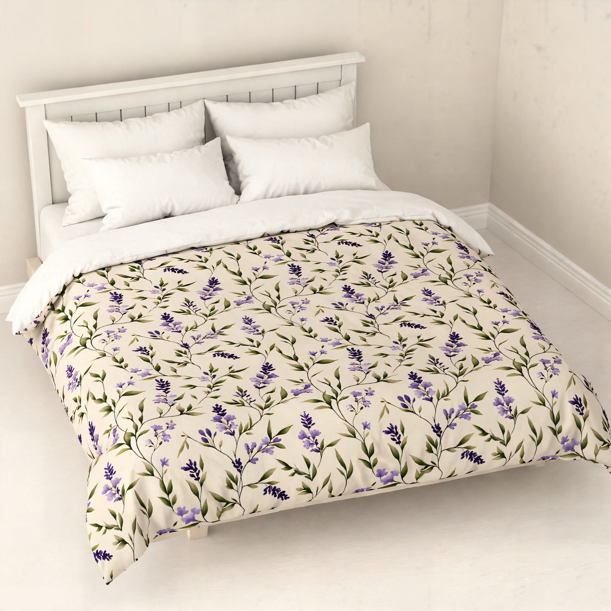 Lavender floral patterned duvet cover on a bed in a room with white walls and floor.