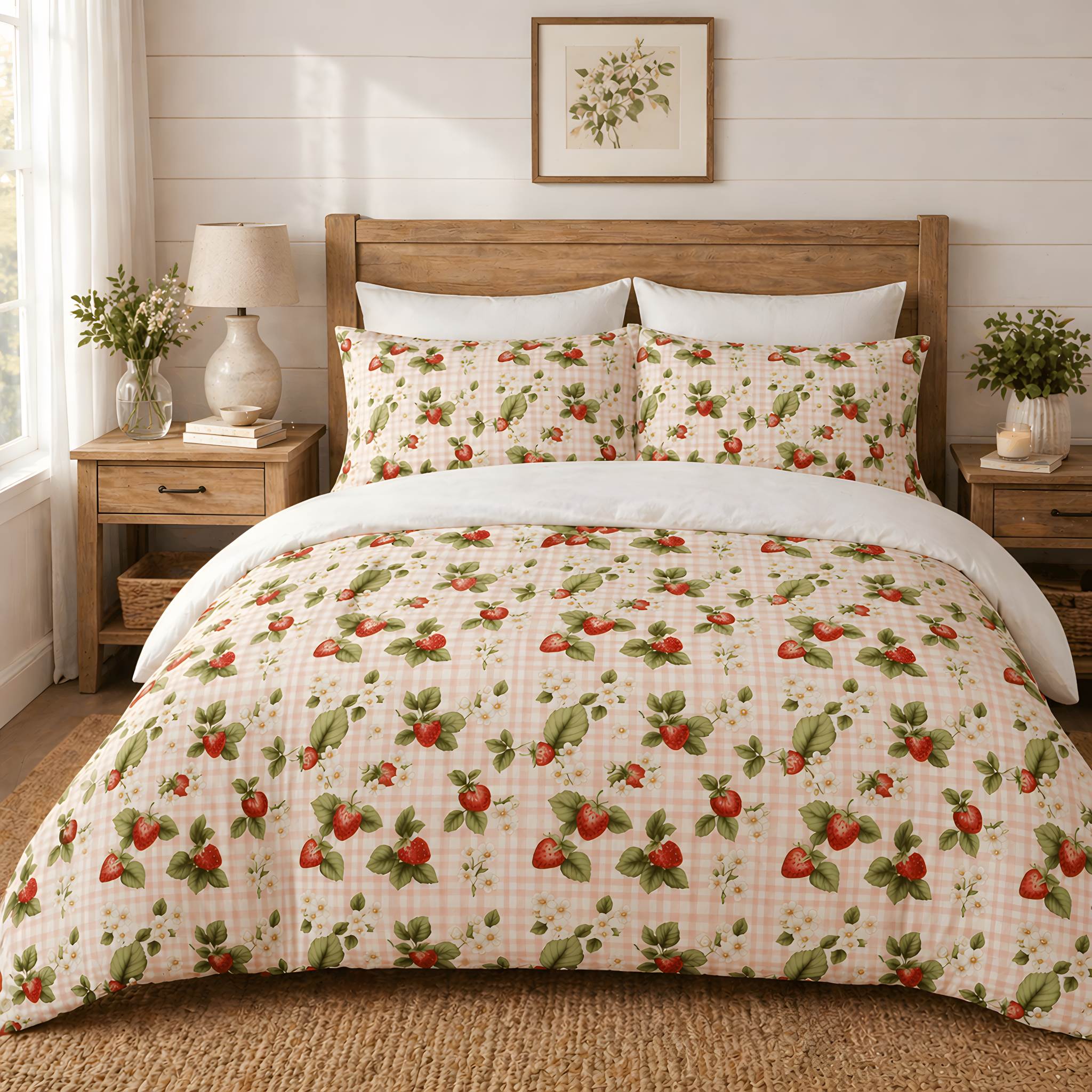 Warm wooden cottage, bedroom with pink strawberry bedding set.
