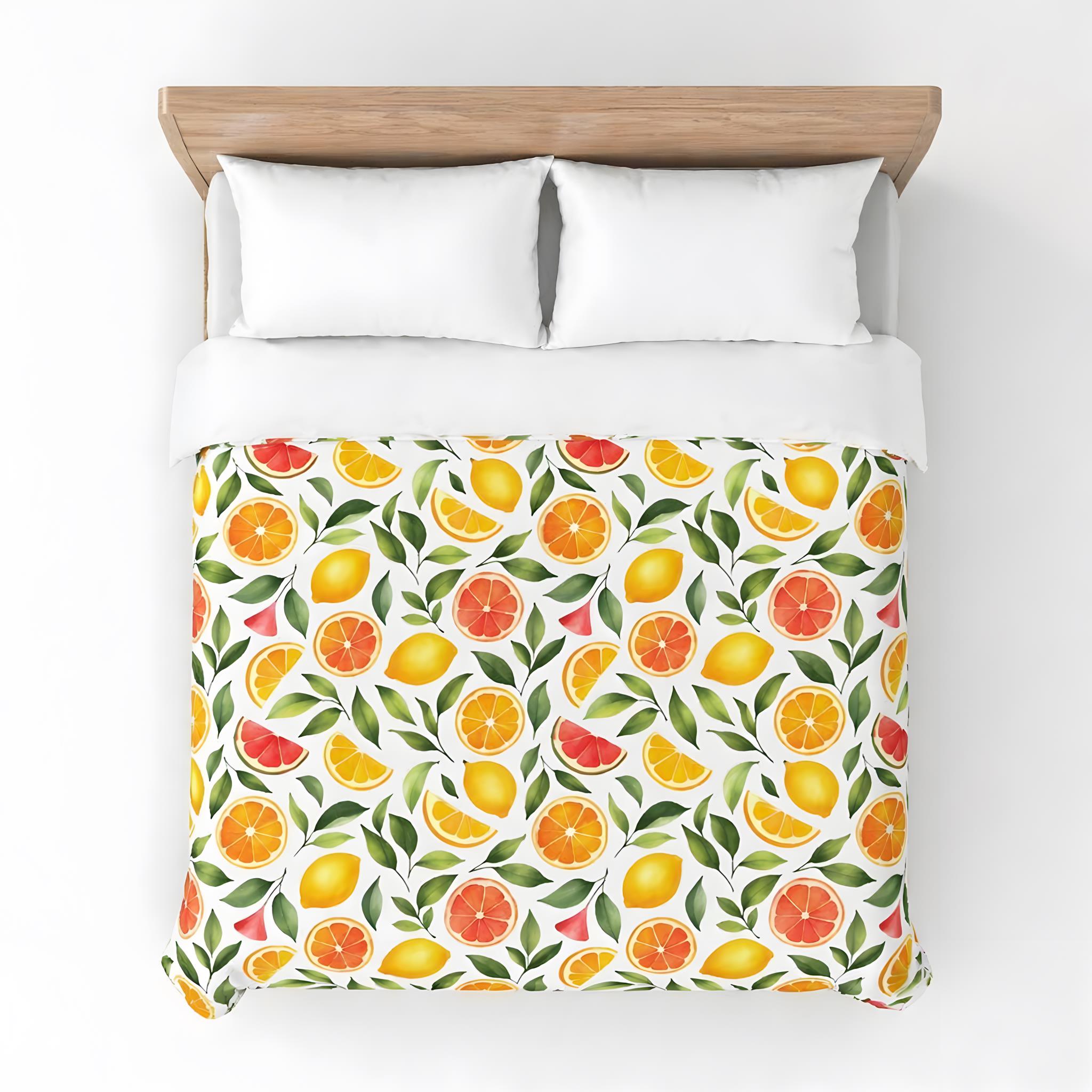 Flat lay of a citrus grove of fruit on a duvet cover.