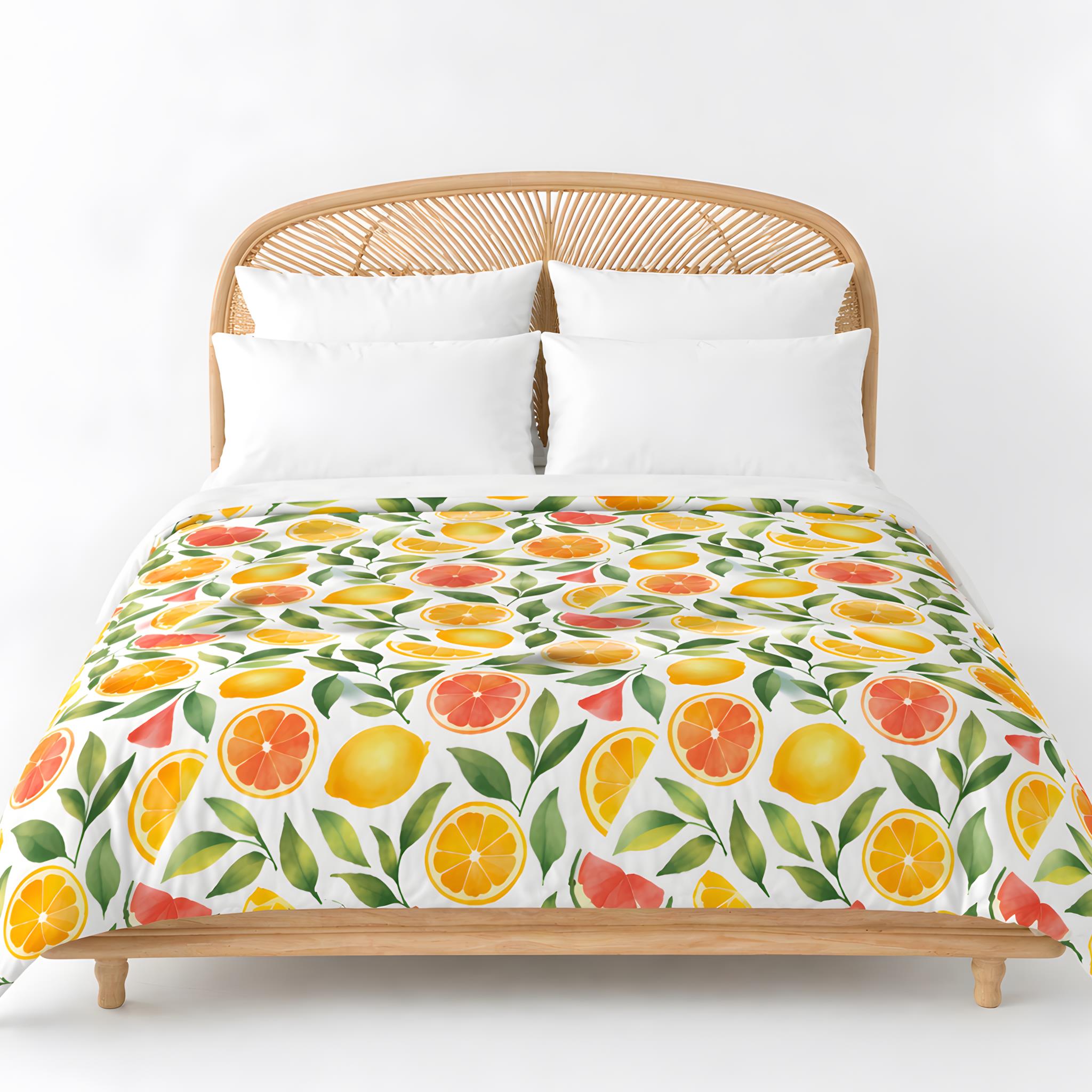 Mediterranean style bedding with a zesty orange and grapefruit design.