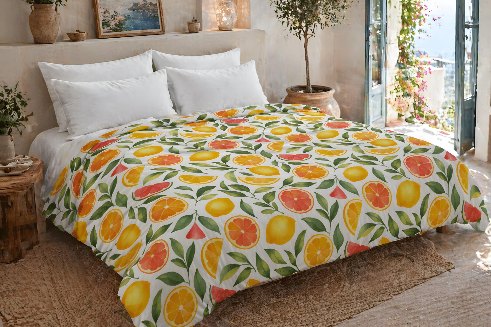 Bed with colorful duvet with lemons, grapefruit, and zest oranges in a bright room with natural light.