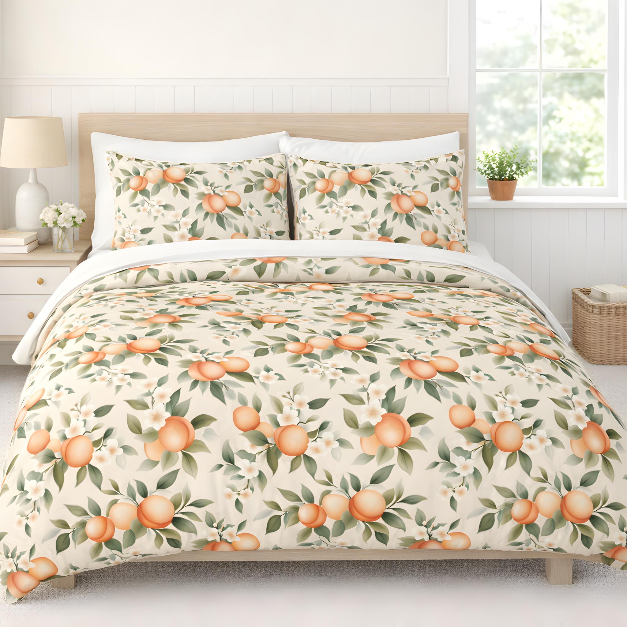 Peach duvet cover with matching pillow shams in a cottage bedroom.