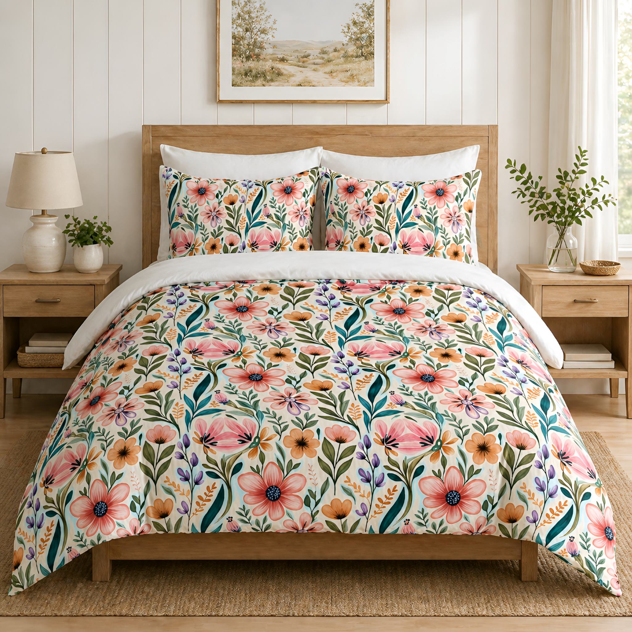 Colorful flower duvet cover with matching pillow shams in orange and pink colors.