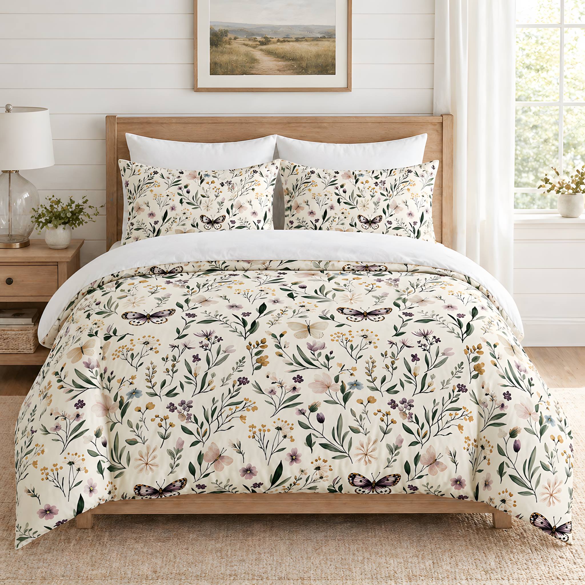 Floral bedding set on a bed in a cottage styled bedroom with a lamp and window in the background.