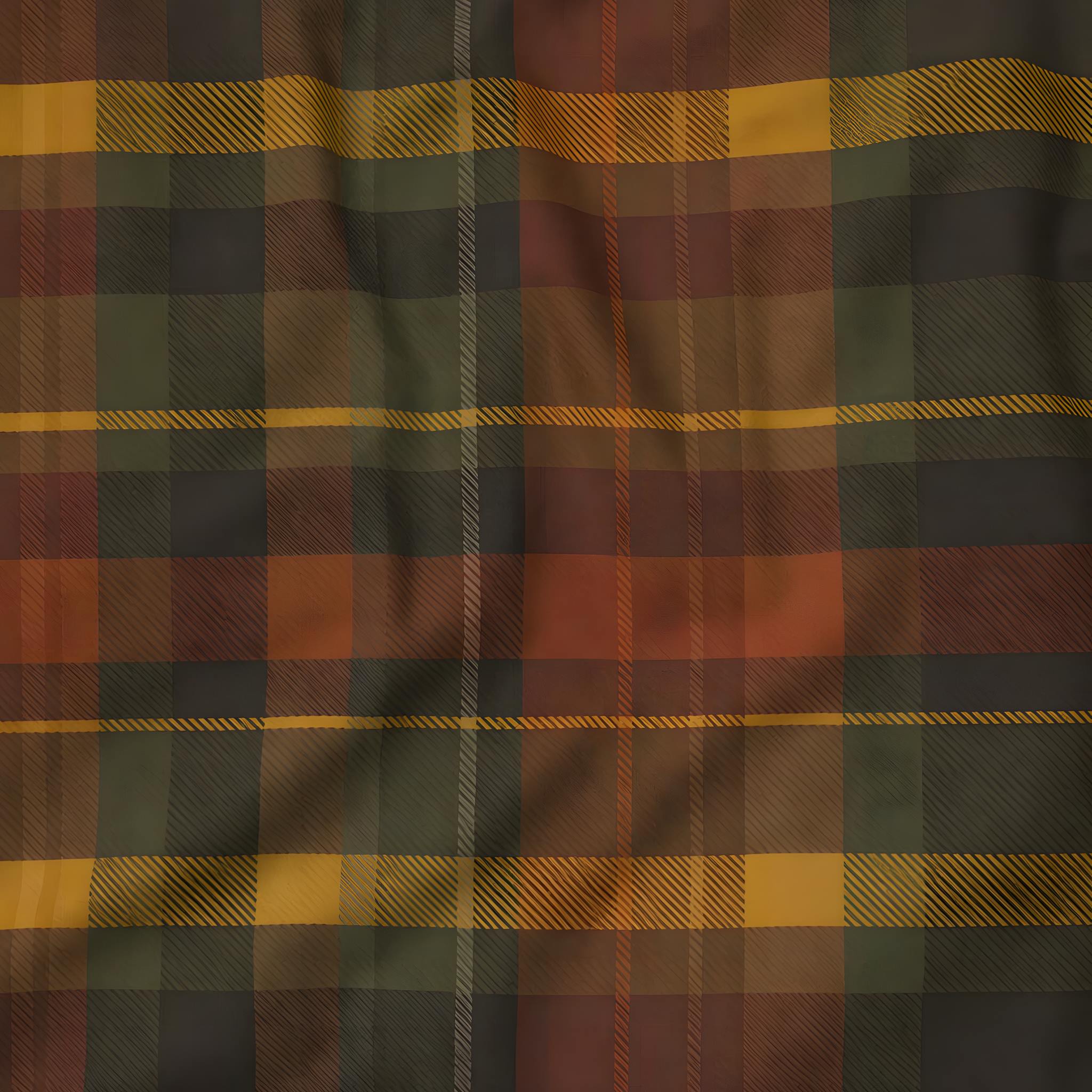 Close up of plaid fabric with brown, green, and yellow colors