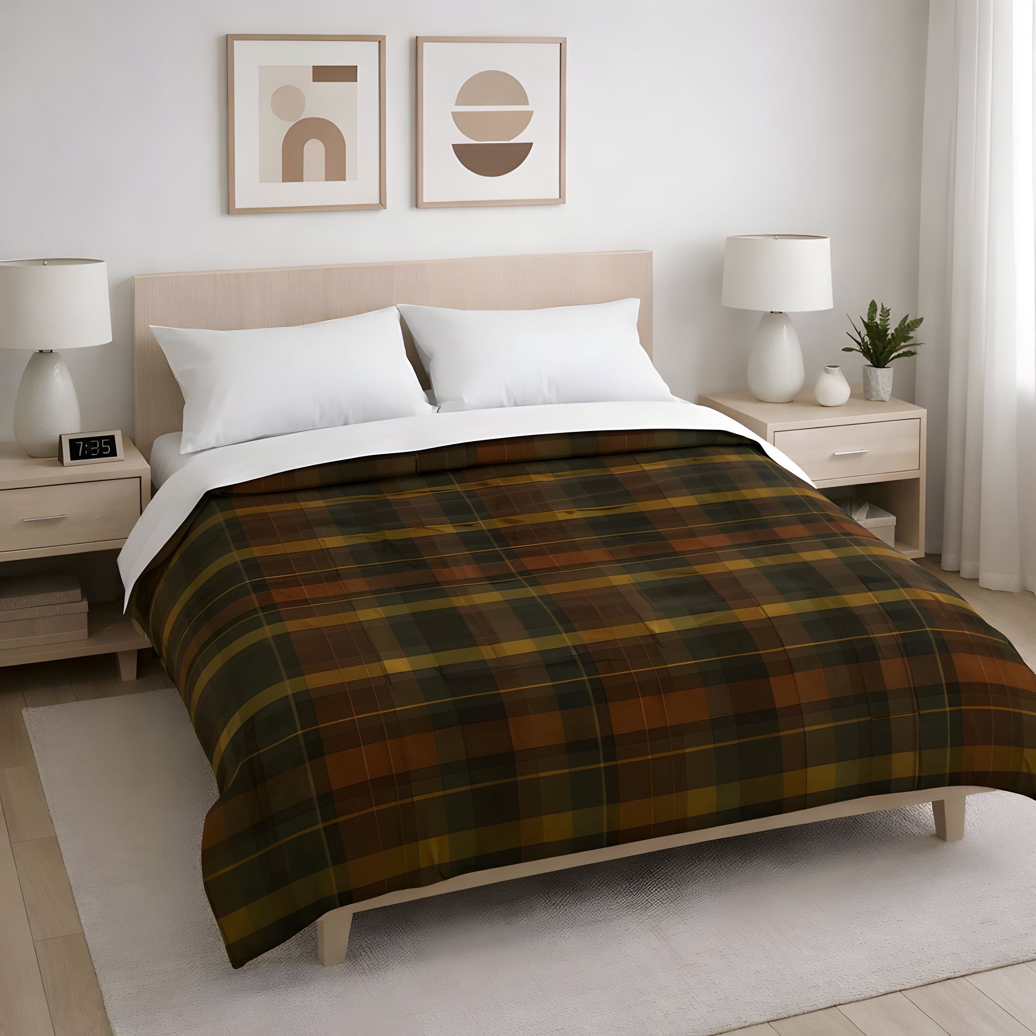 Bedroom with red, green and yellow plaid comforter, nightstands, and abstract art on the wall.