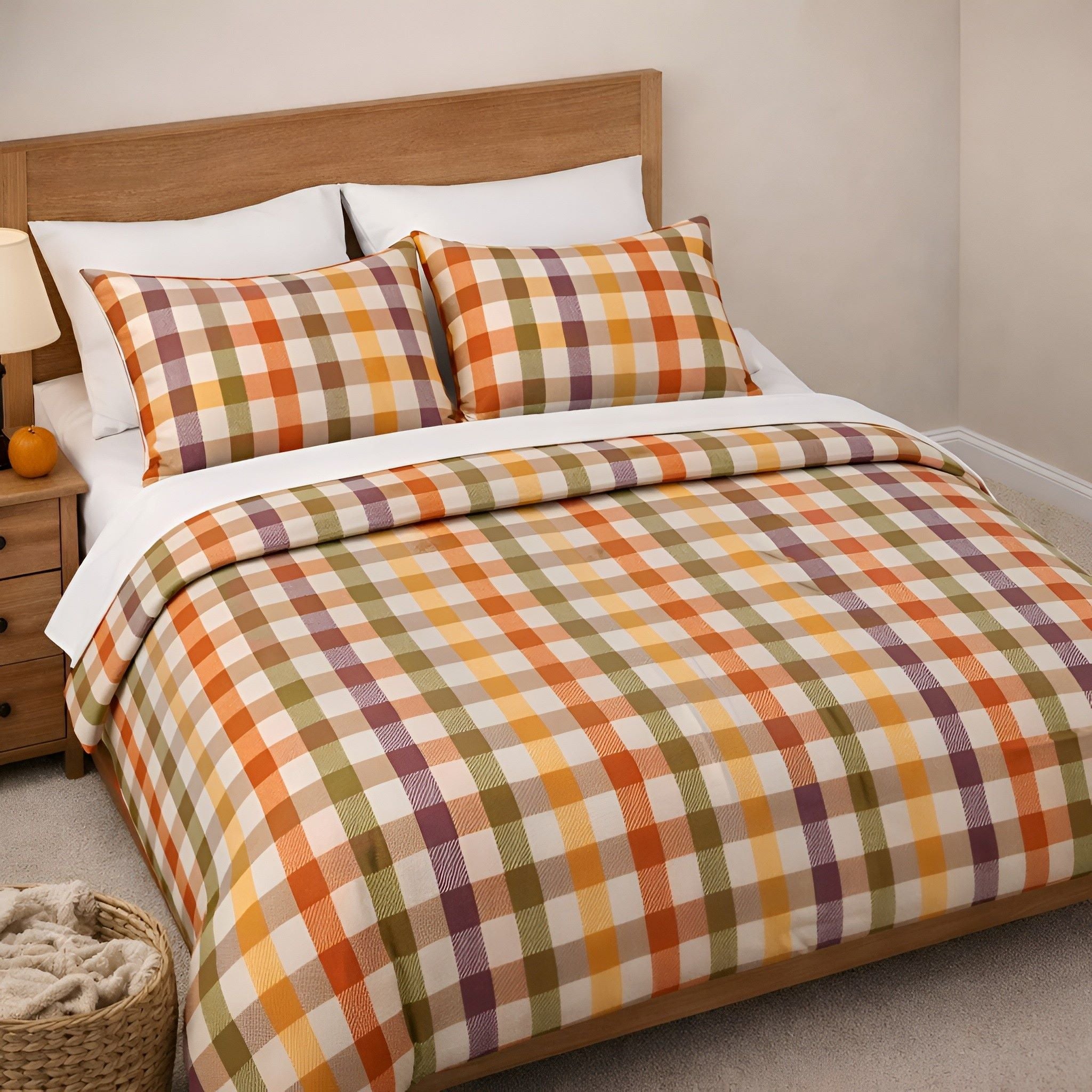 Bed with gingham duvet cover and pillow set in a cozy Autumn bedroom.