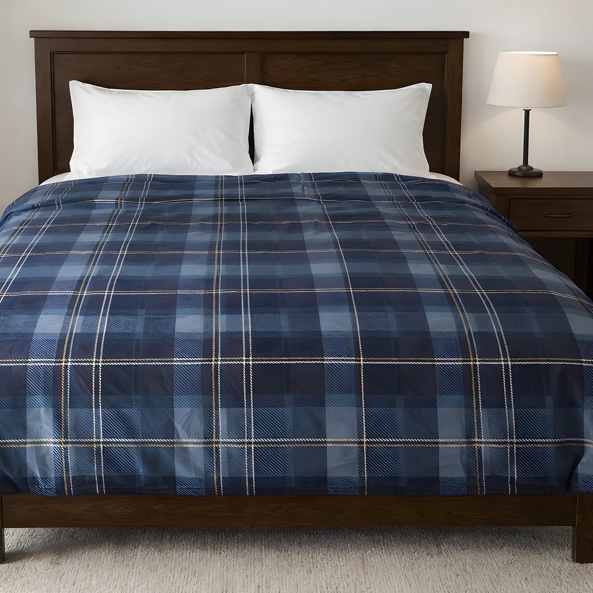 Bed with blue plaid duvet cover and white pillows in a bedroom setting.