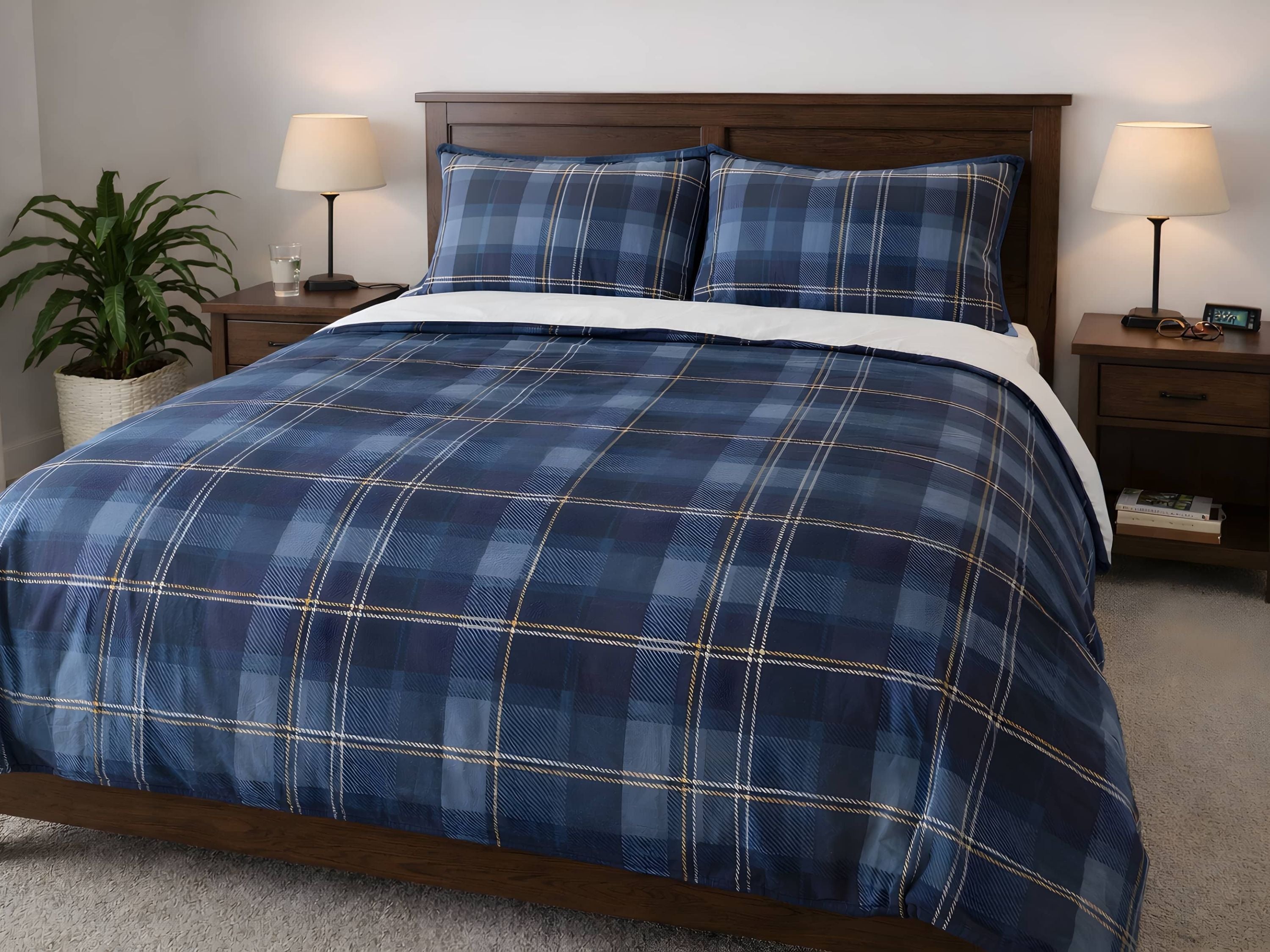 Blue plaid duvet cover and pillow shams on a bed in a masculine bedroom with nightstands and lamps.