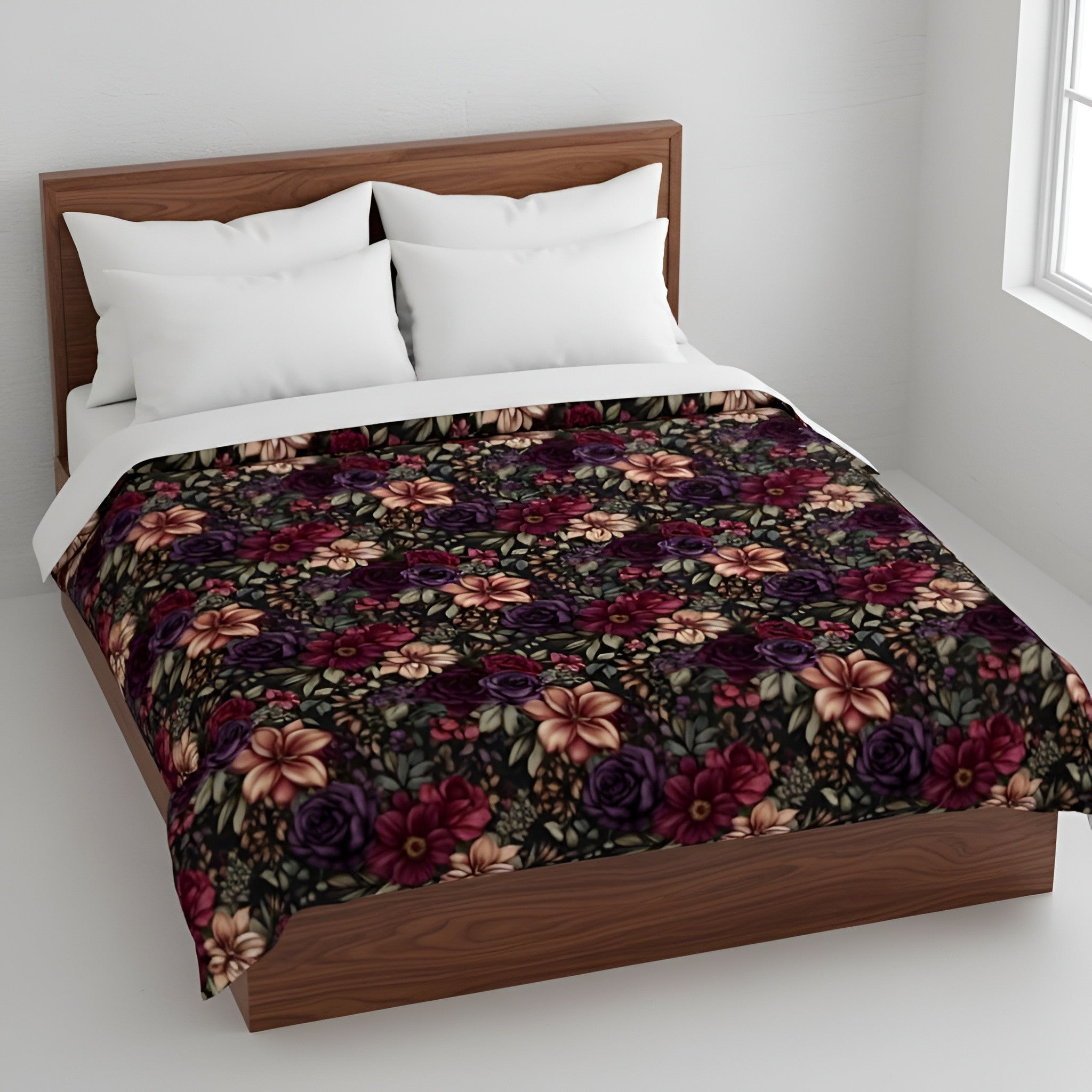 Dark cottagecore bed with floral duvet cover and white pillows in a minimalistic room.