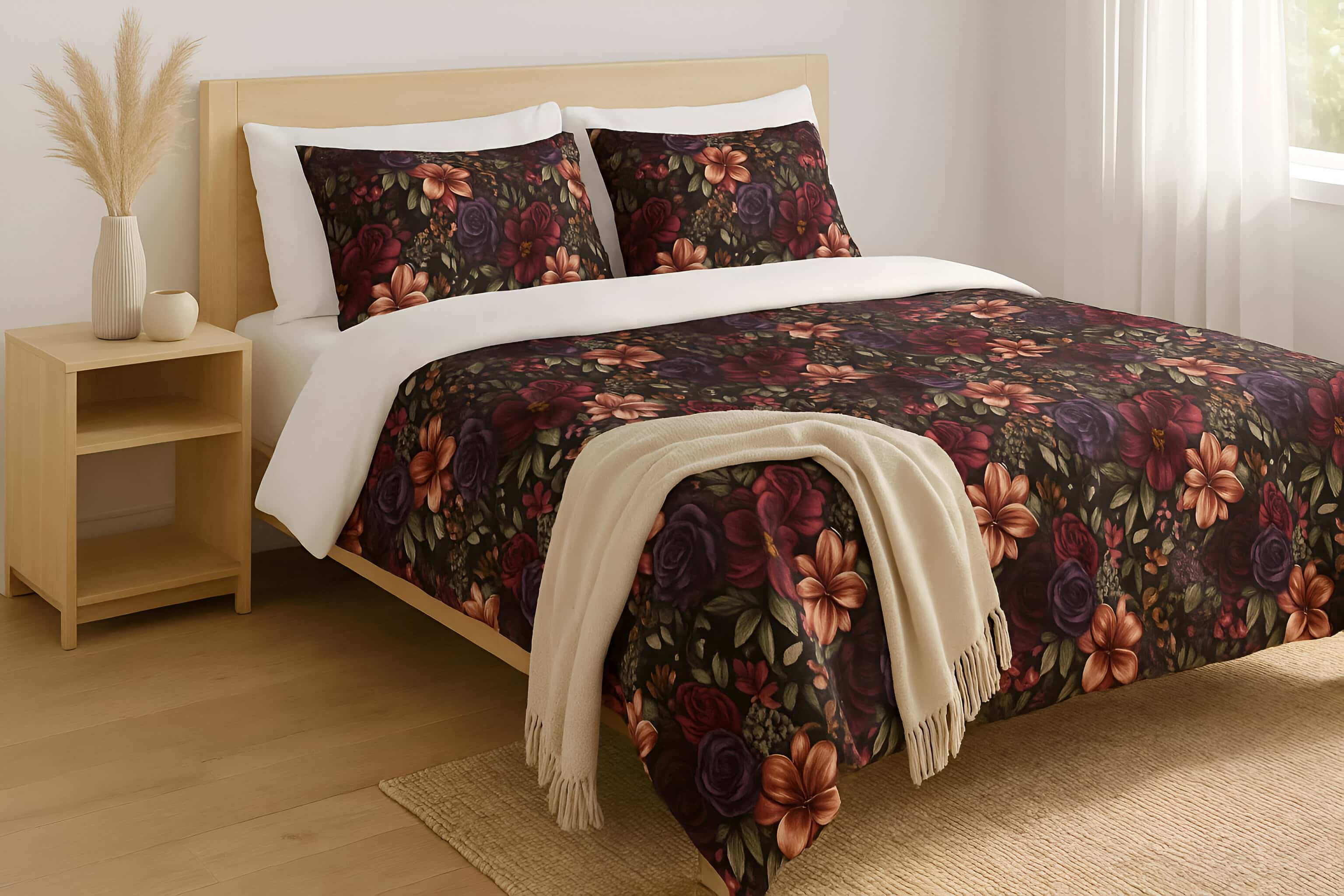 Dark floral bedroom with flower bedding, nightstand, and decorative elements.