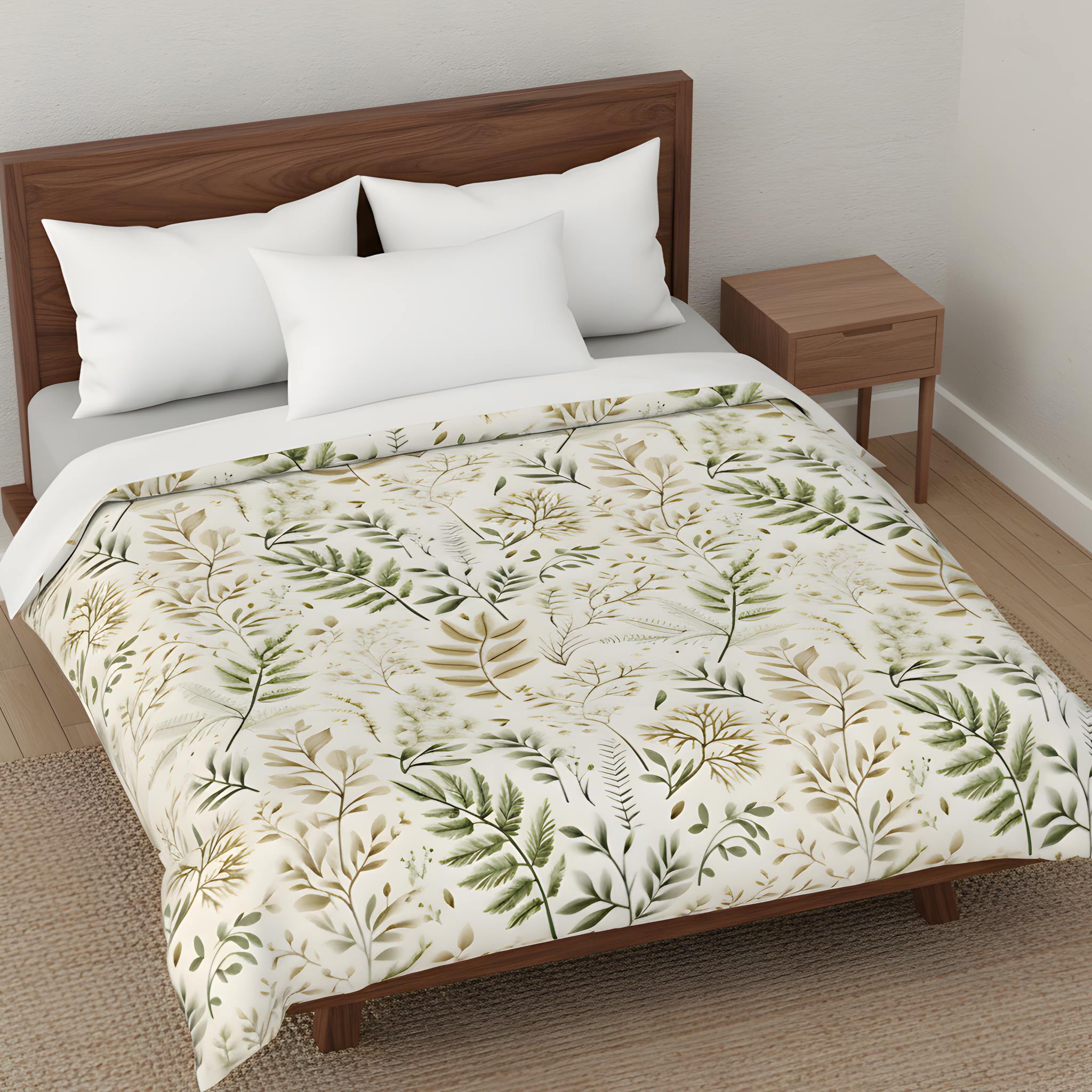 A botanical cotton duvet cover on a dark wood bedframe.