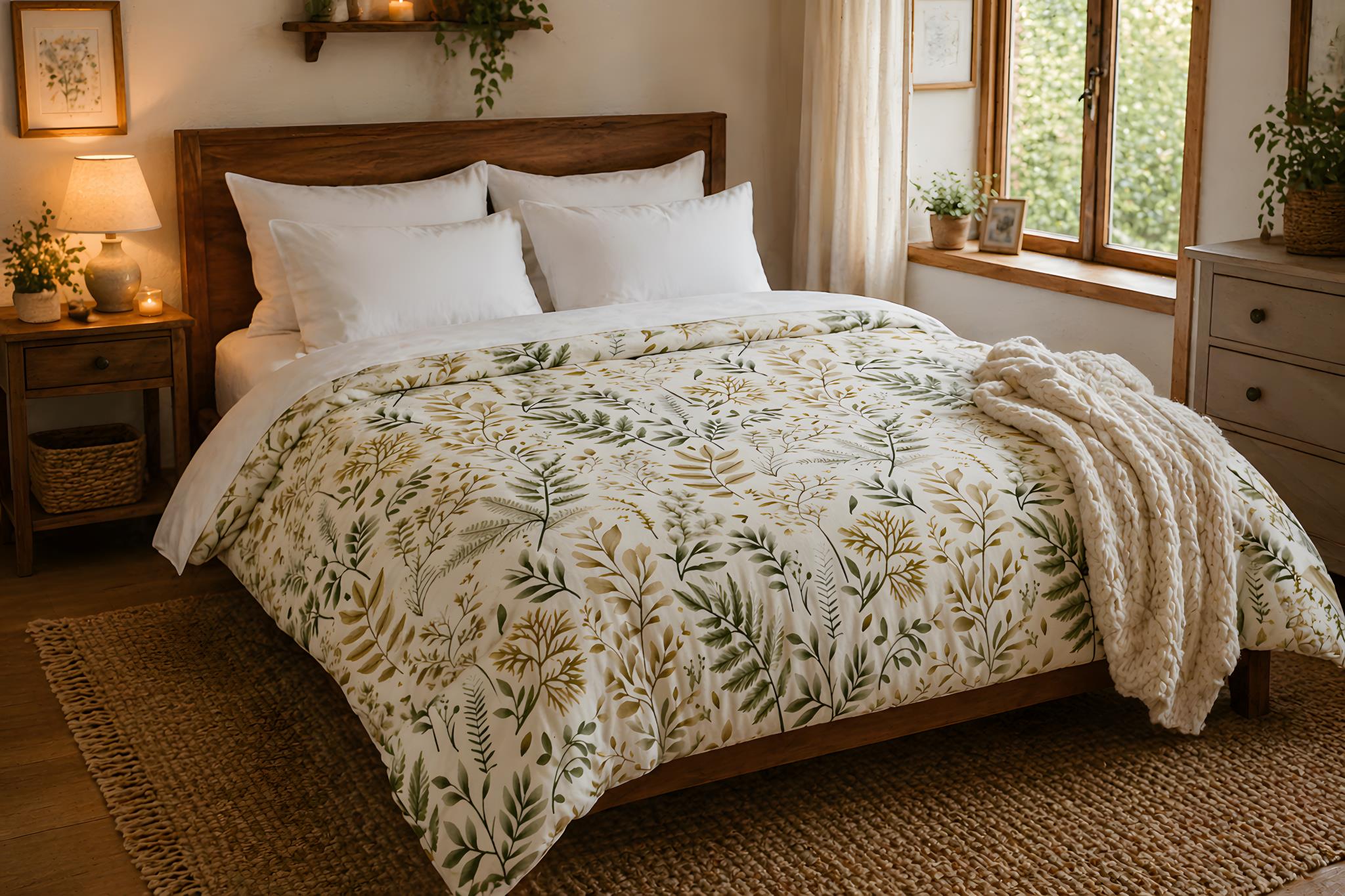 A cottage bedroom with a fernleaf duvet cover on a wooden bed, and side tables.