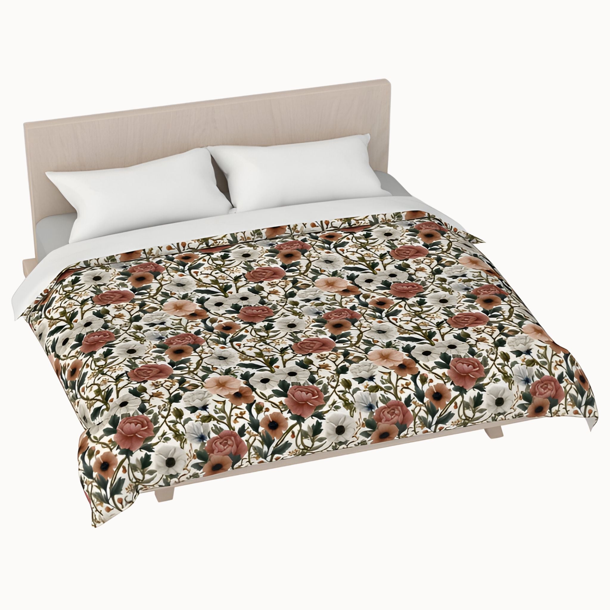 Floral patterned duvet on a king sized bed with a neutral headboard.