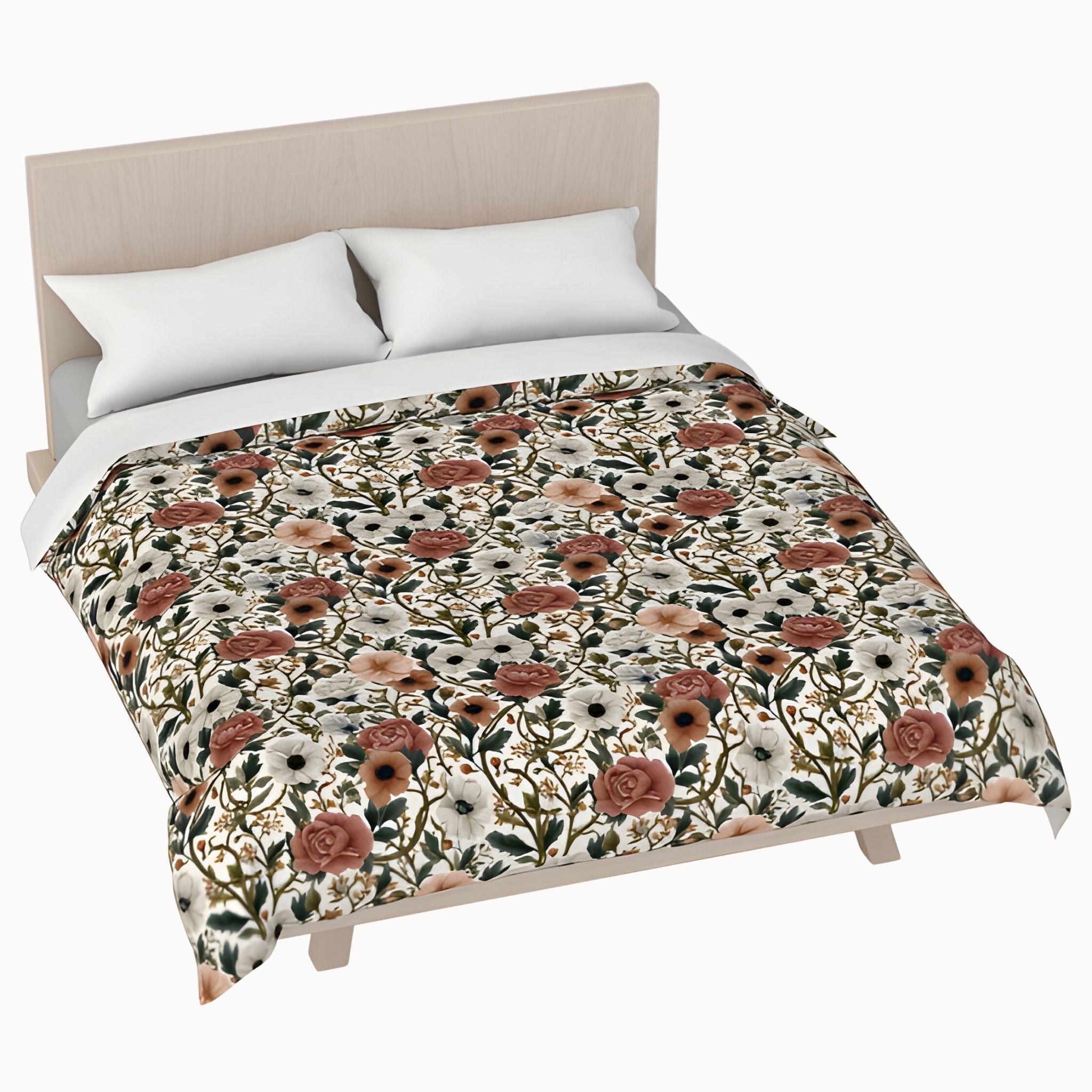 Floral patterned duvet on a queen size bed with white pillows and a beige headboard.