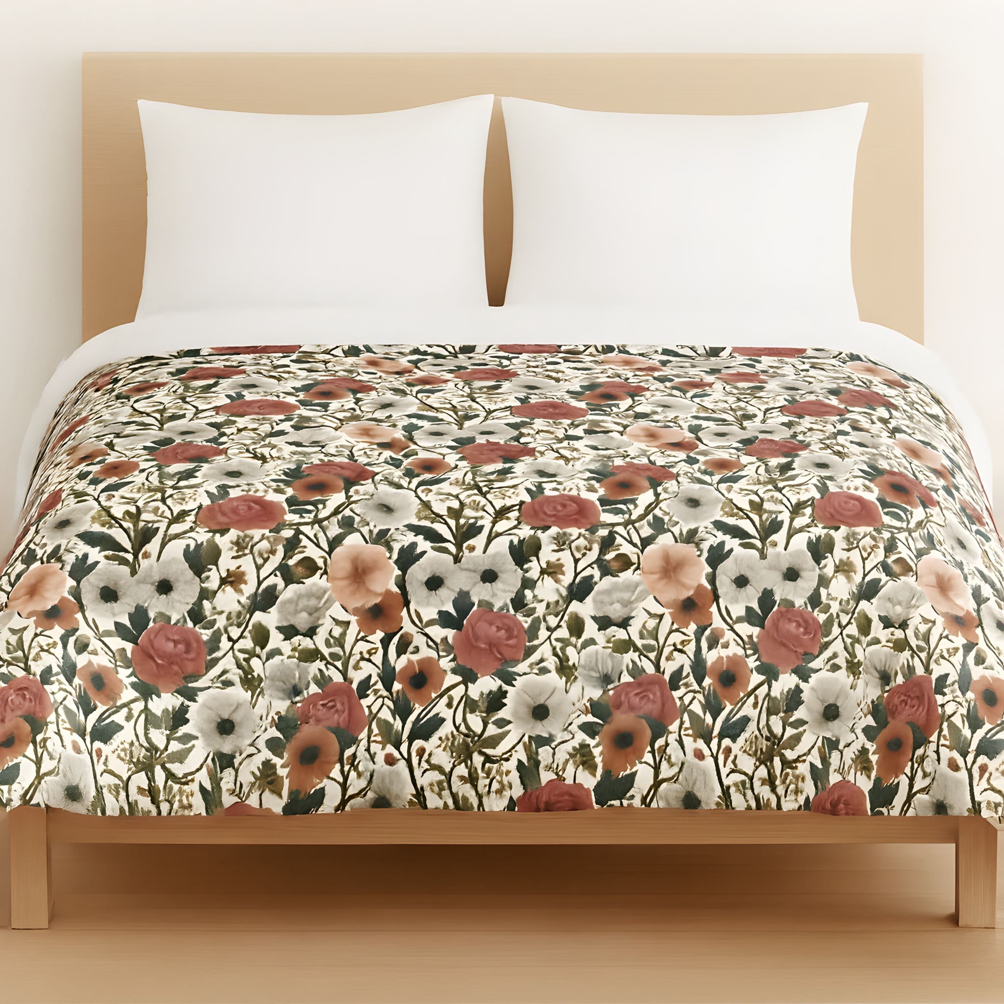 Floral patterned duvet on a bed with white pillows and wooden headboard.