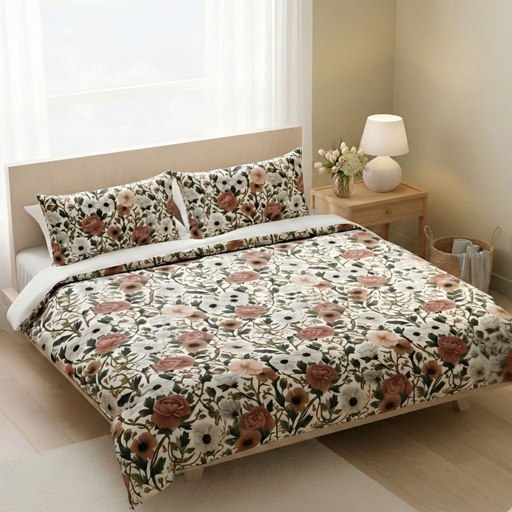 Pink floral duvet cover on a bed in a cottage bedroom setting with a lamp and vase.