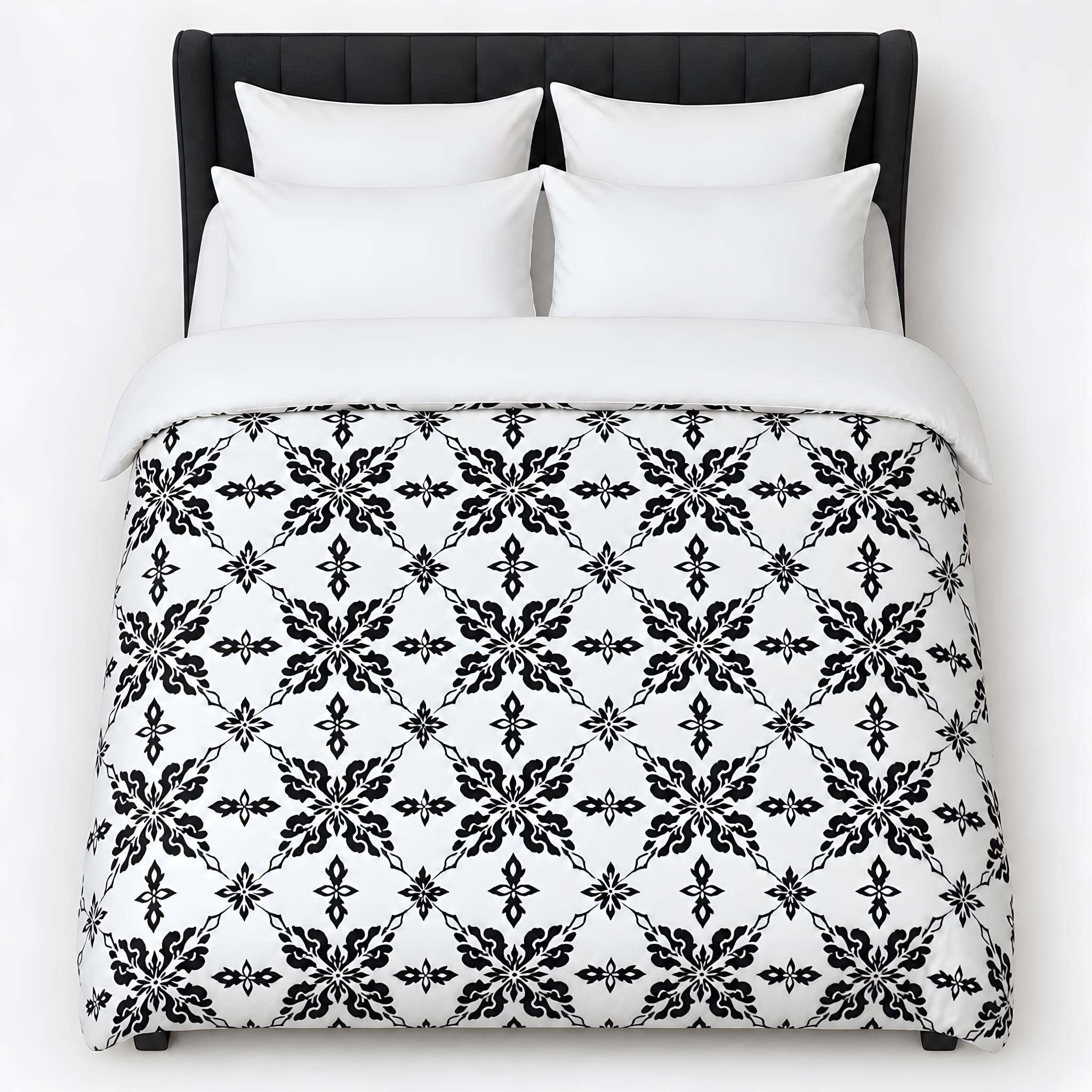 Flat lay view of damask duvet cover in black and white.