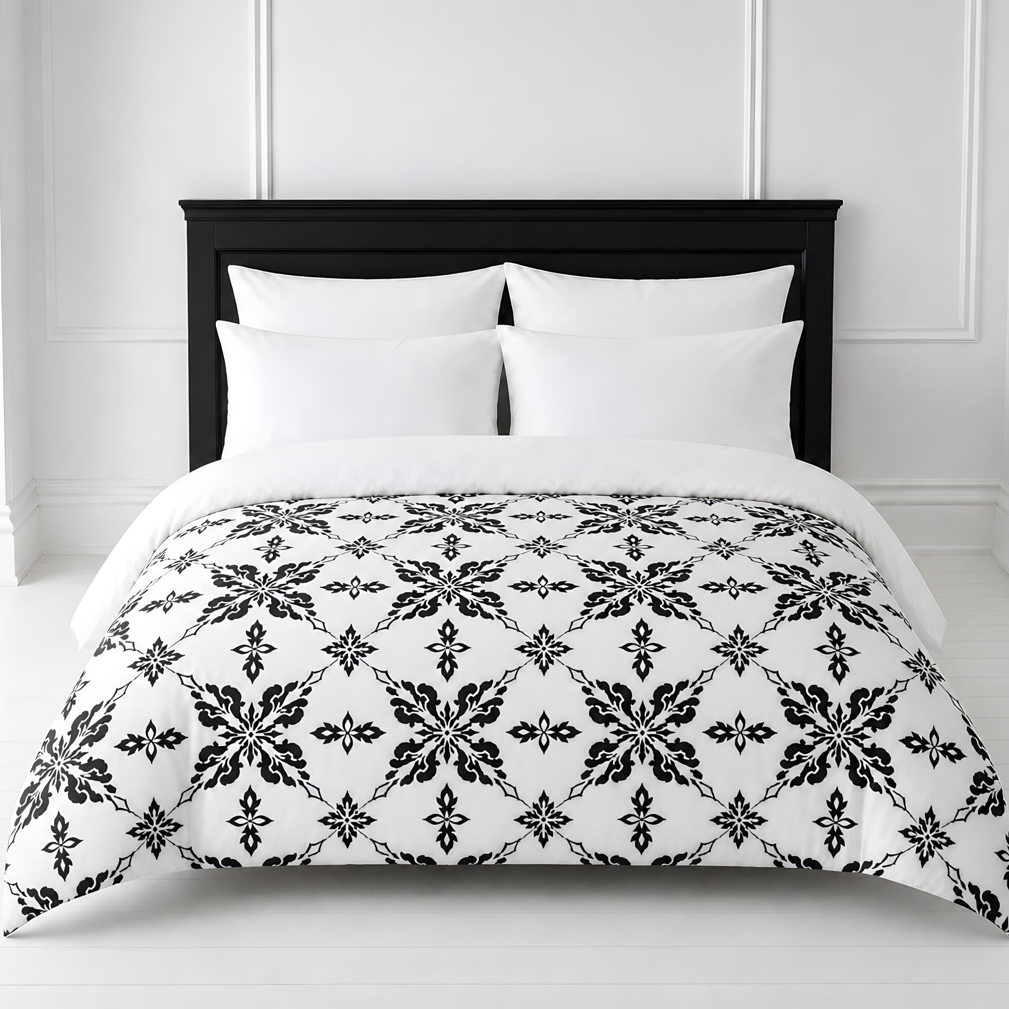 Black and white bedding on a black wood frame.