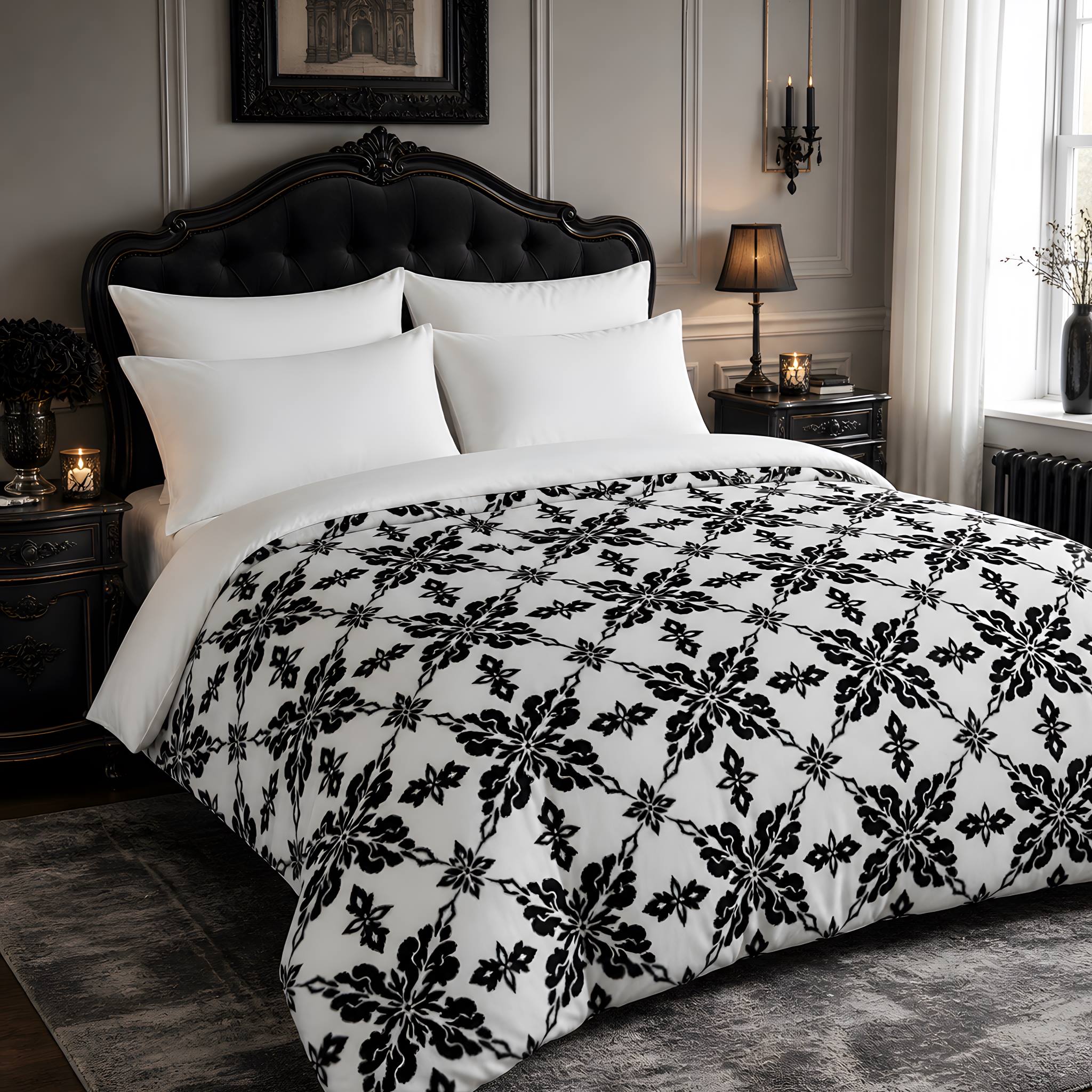 Victorian gothic bedroom with a damask duvet cover in cotton fabric.