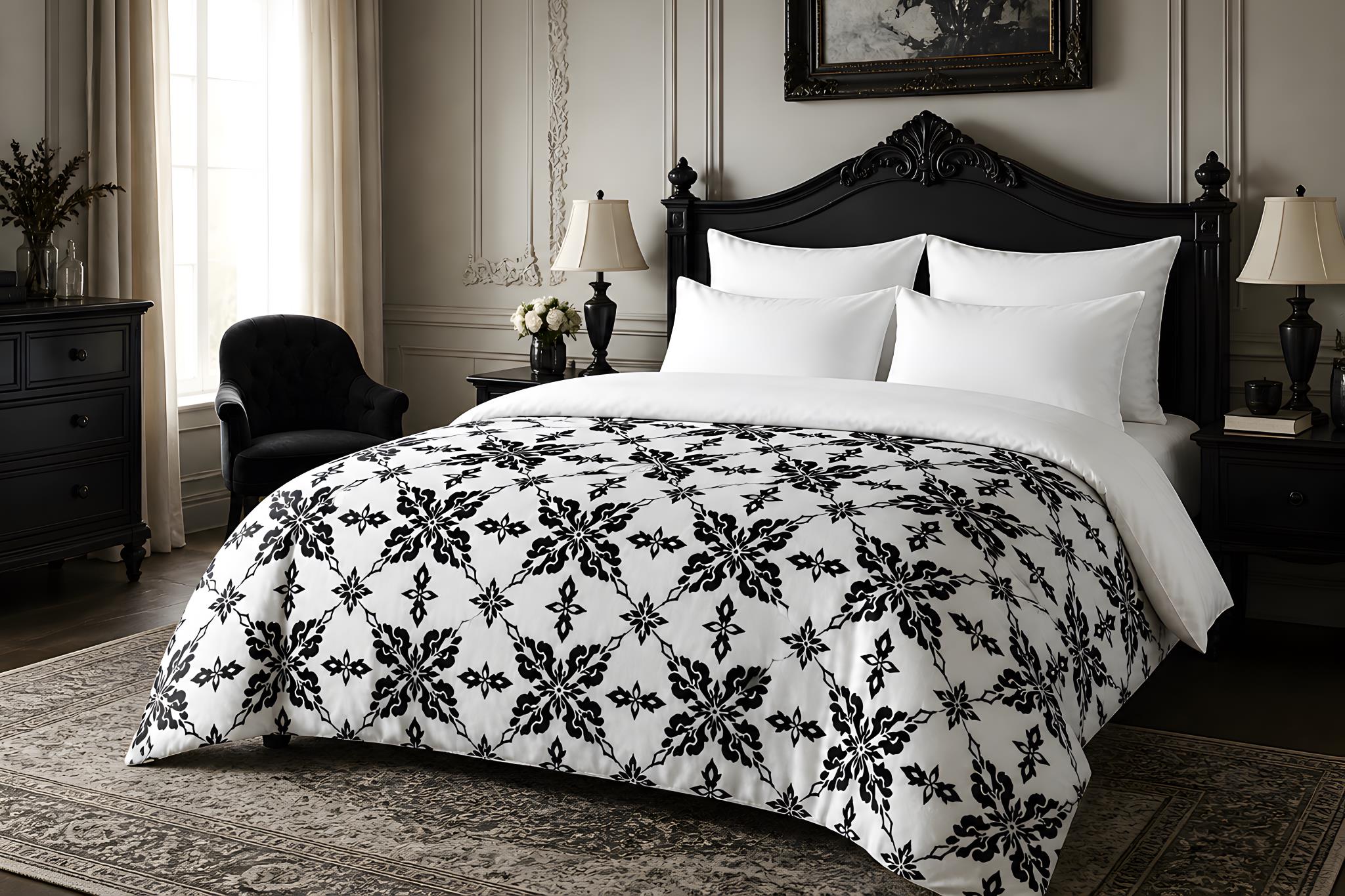 Victorian Gothic bedroom with black and white bedding and a damask pattern.