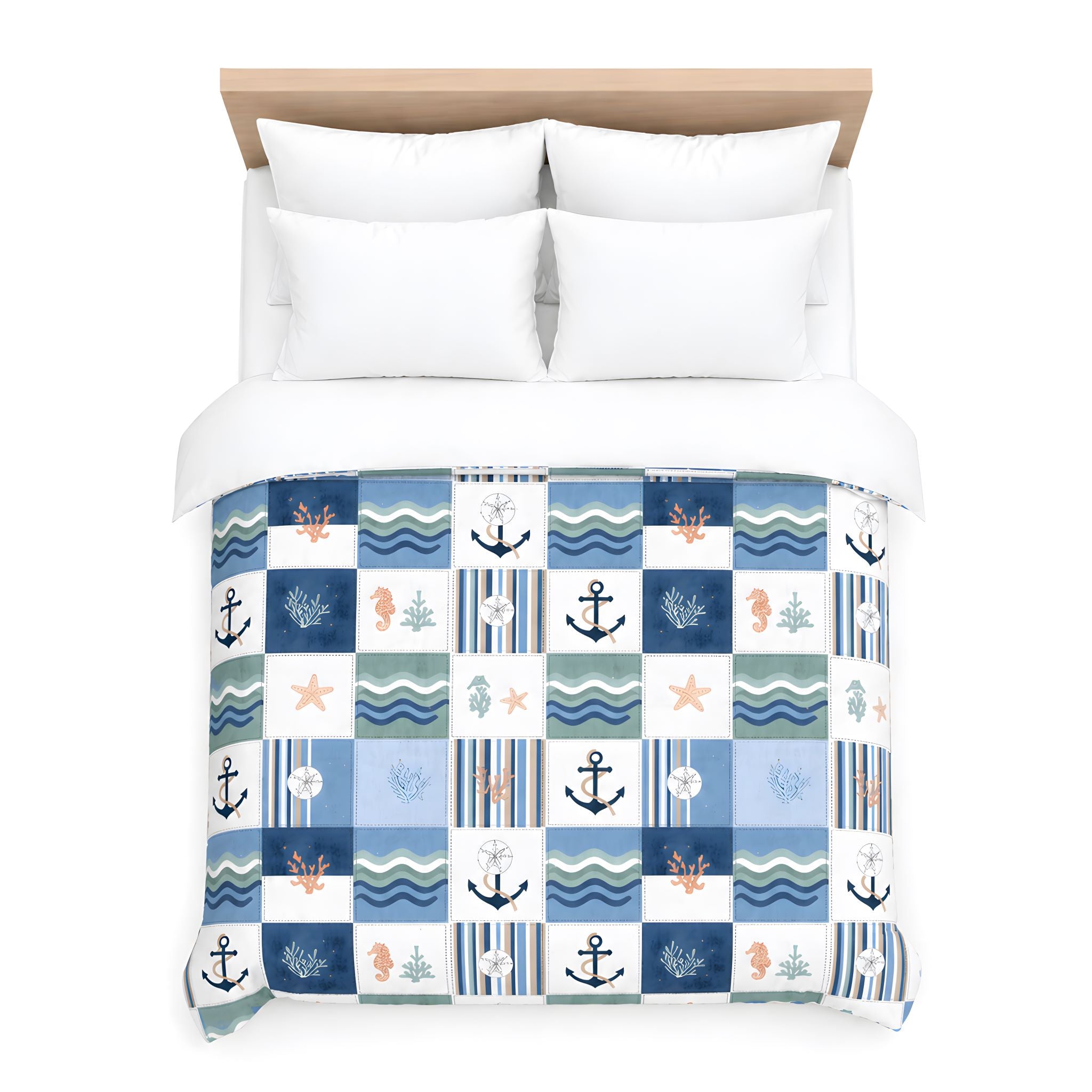 Beachy duvet cover featuring anchors, stars, and stripes on a white background.