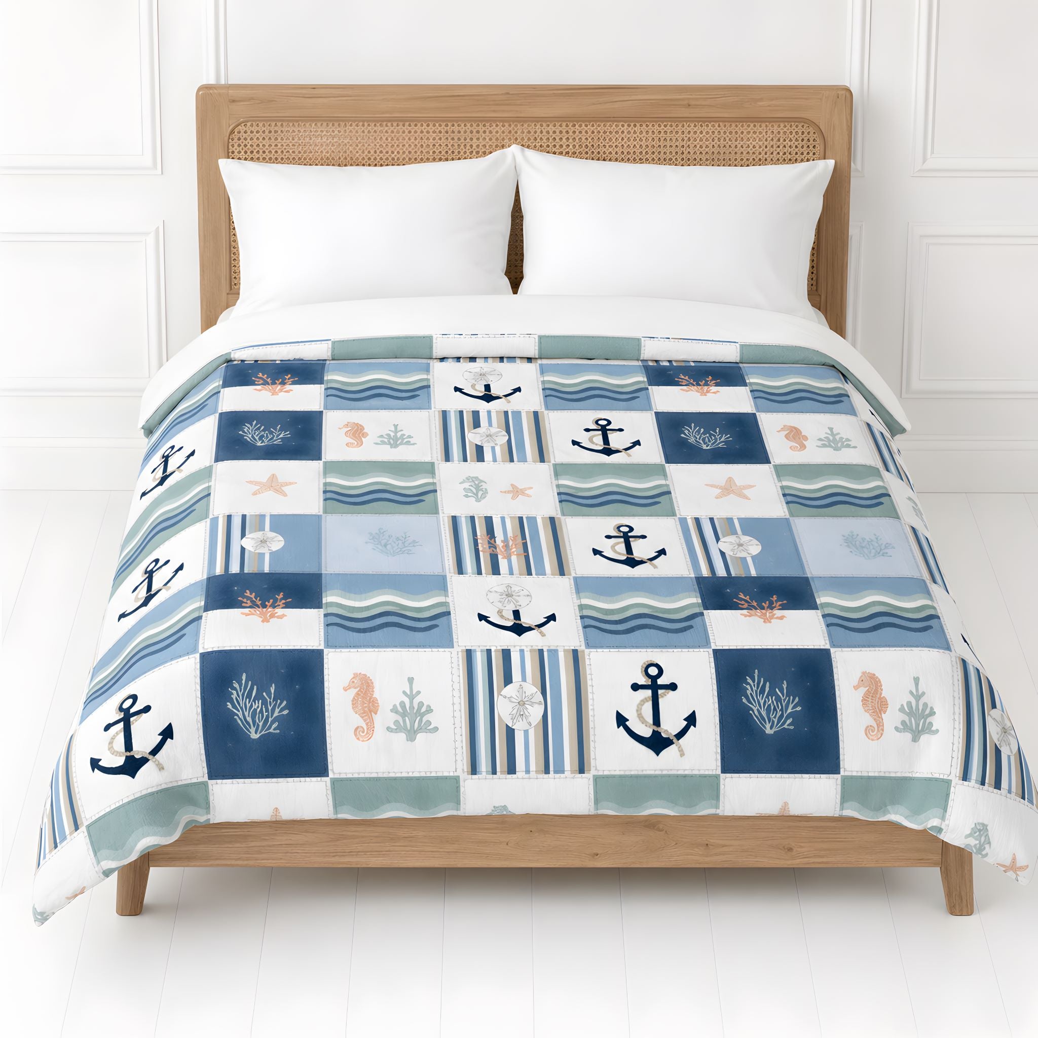Nautical patchwork quilt on a bed with a beachy wooden headboard.