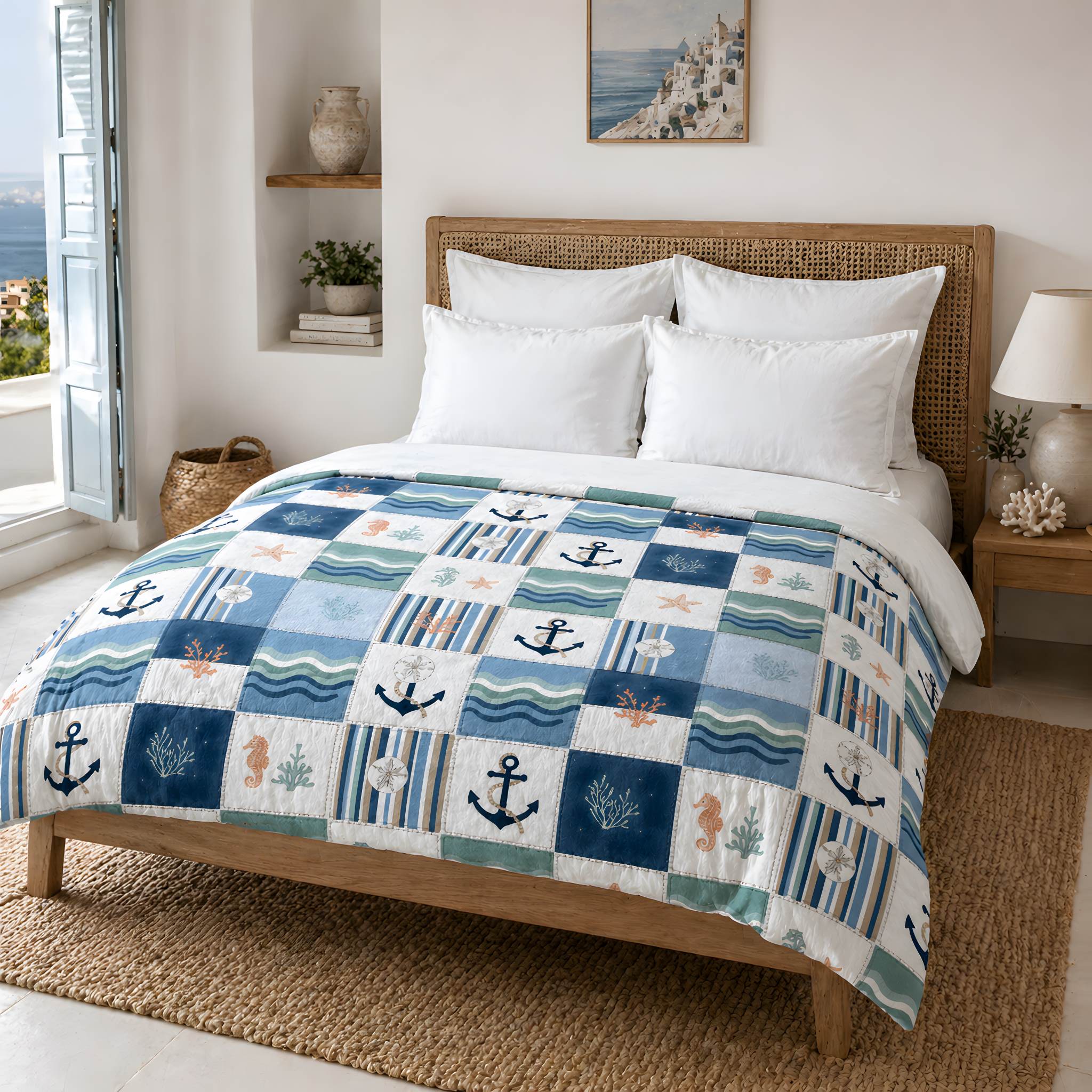 Blue and white bedding featuring a nautical comforter surrounded by Mediterranean decor.