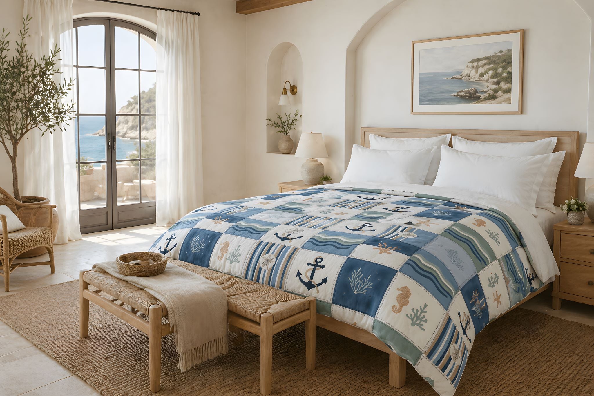 Mediterranean bedroom with a coastal bed covered in a nautical-themed comforter, wooden bench, and large window with ocean view.