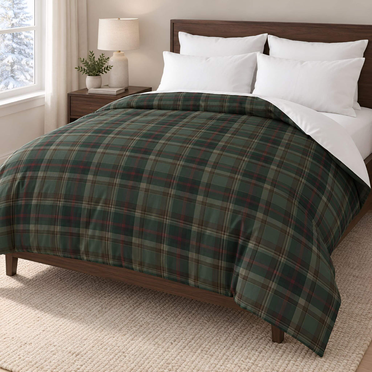 Front angle of the green tartan plaid cotton duvet cover on a bed with a dark wood headboard and white bedding.
