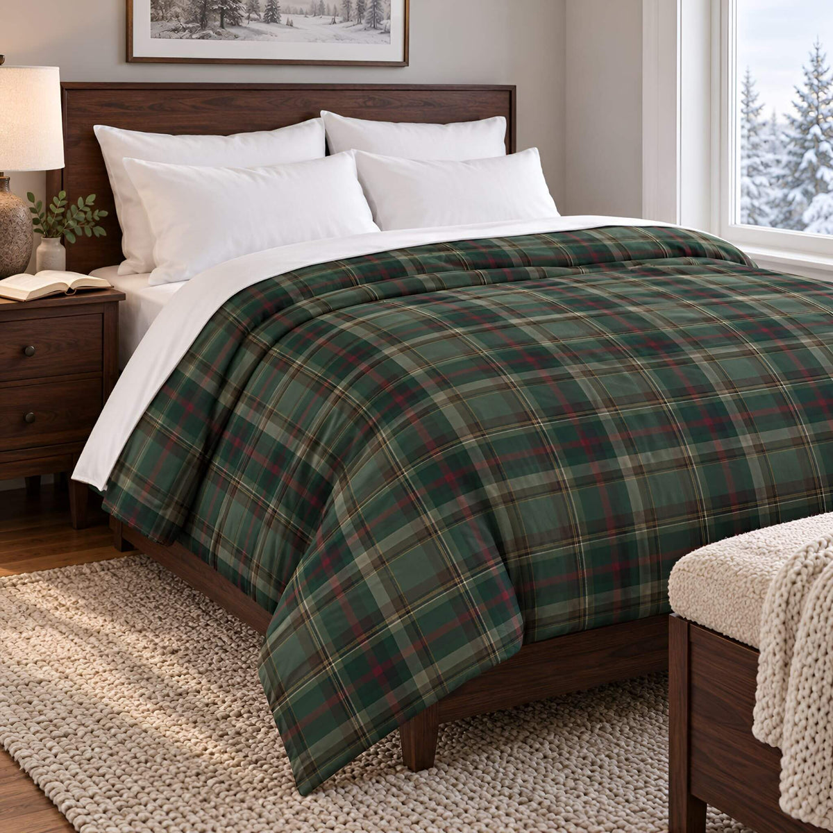 Cedar Ember cotton duvet cover viewed from the side, showing the plaid across the bed beside a window.