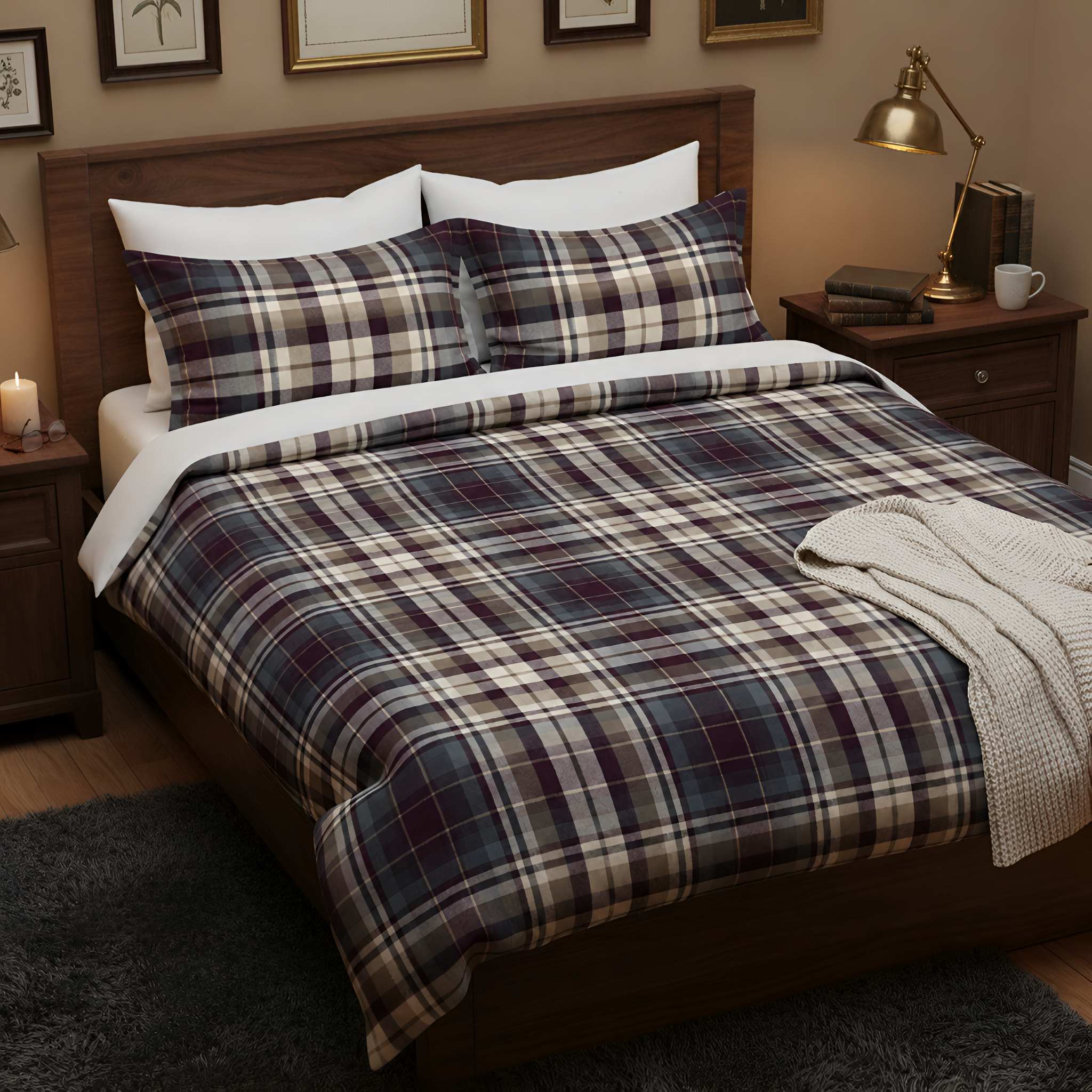 Eggplant plaid duvet cover with matching pillow shams styled on a dark wood bed.