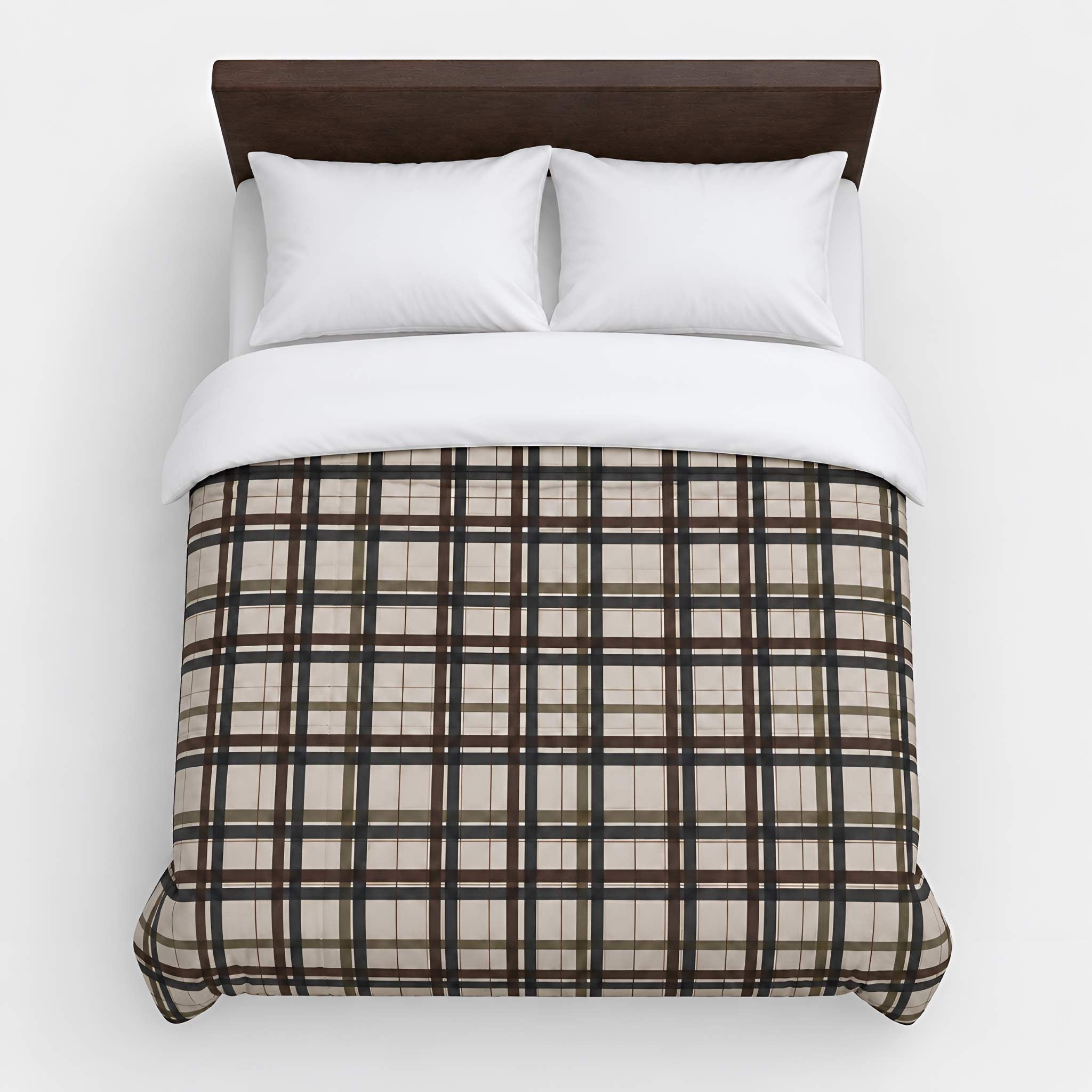A top-down view of a dark academia bed styled with a beige and brown plaid comforter, white pillows, and a dark brown wooden headboard.
