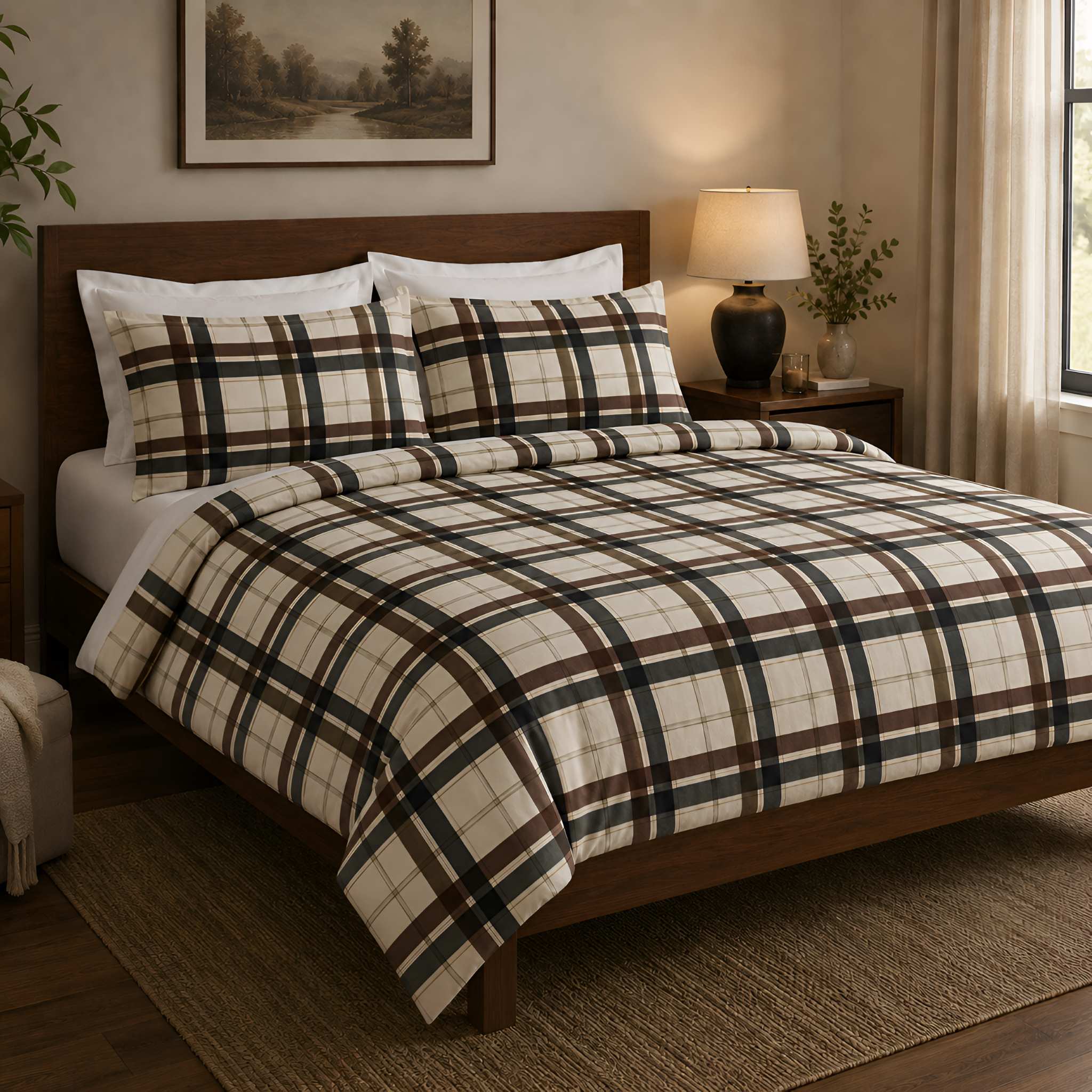 A cottage bedroom with a plaid duvet cover and matching pillow shams, with a wooden headboard, bedside lamp, window, and wall art.