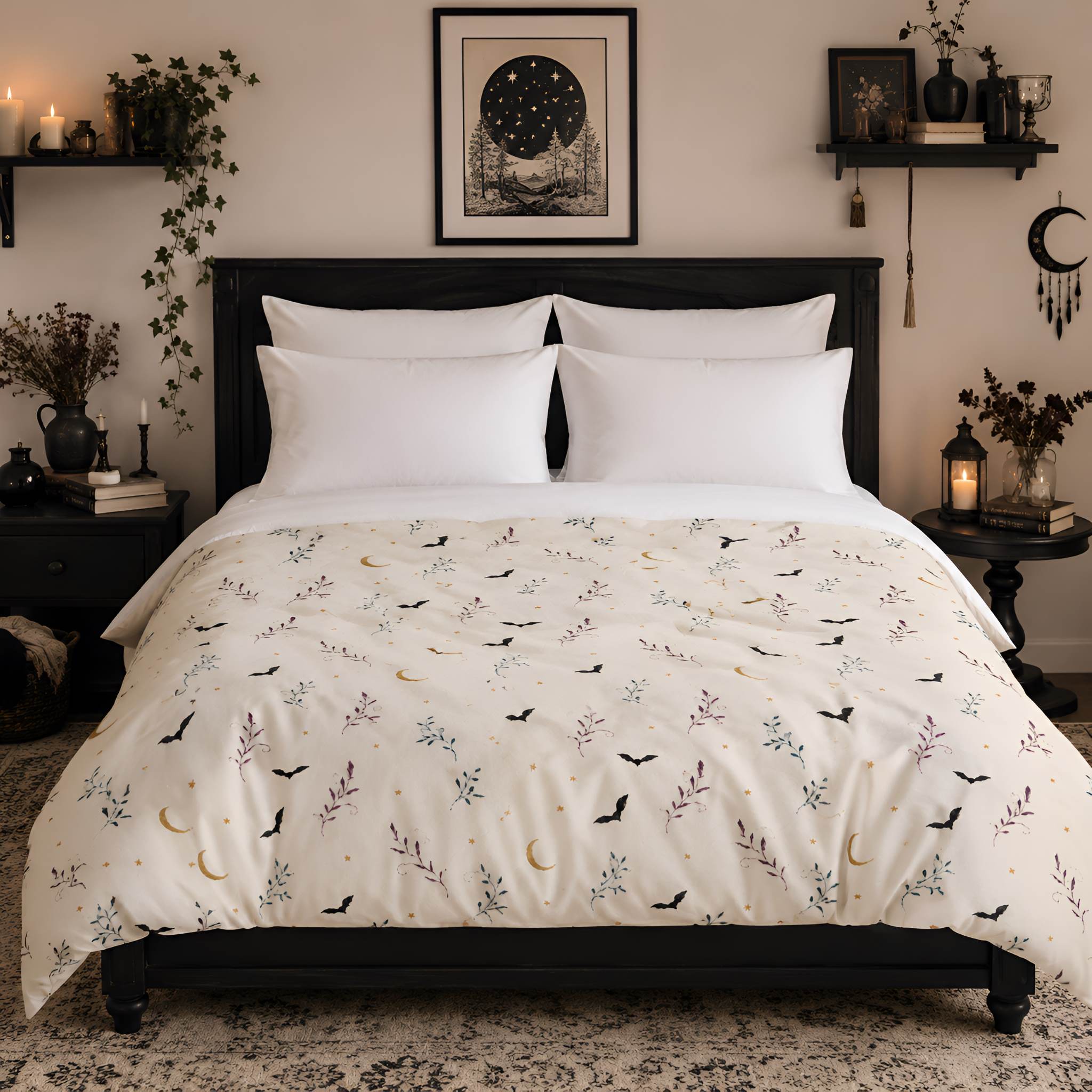 Bat & Moon Floral Duvet Cover, Twin XL–King | Witchlight Nightvine
