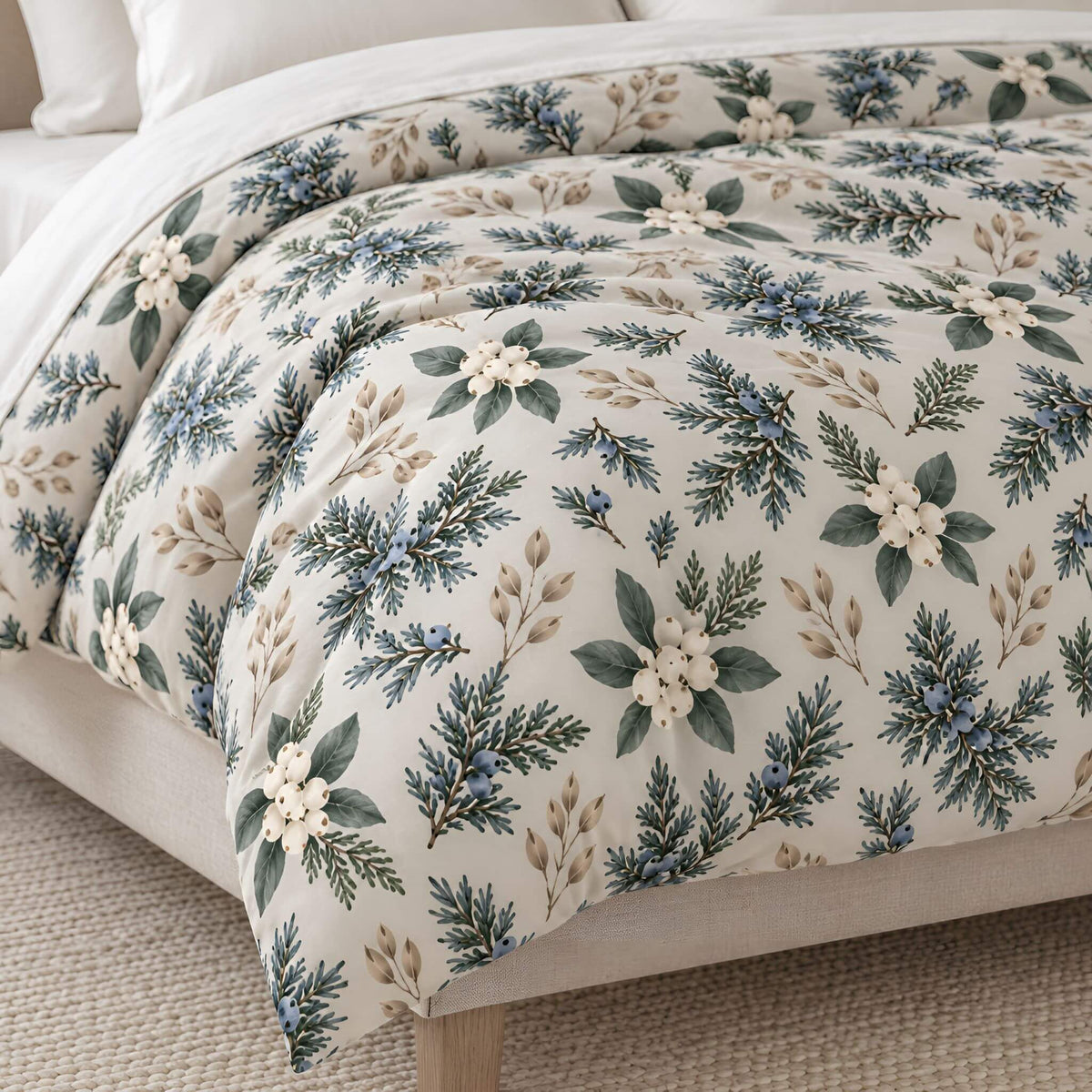 A floral duvet cover spread across a bed, featuring a repeating pattern of blue berries, green pine branches, and cream flowers on an off-white background. The bed is styled with white pillows and a neutral woven rug underneath.