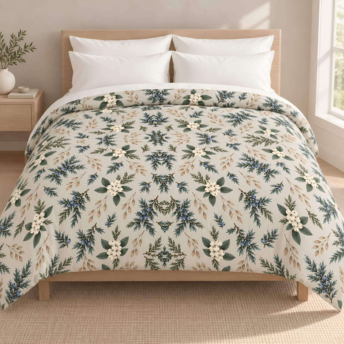 A floral duvet cover on a bed in a bright bedroom, featuring a cream background with a repeating pattern of green leaves, blue berries, and white flowers. The bed is styled with a light wood headboard and matching nightstand.