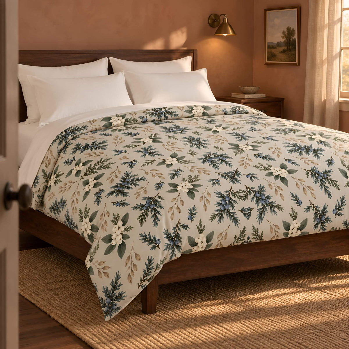 A floral-patterned duvet cover with blue, green, and beige botanical motifs is styled on a bed with white pillows in a warm, rustic bedroom setting.