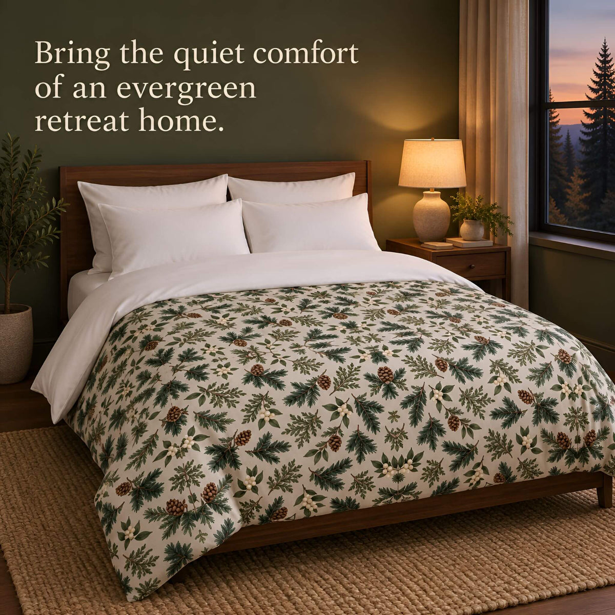 A made bed in a cozy bedroom setting, featuring an ivory duvet cover with a green pine and evergreen botanical pattern. The room has a dark green wall, a wooden headboard, a bedside lamp, and a window showing a sunset view.
