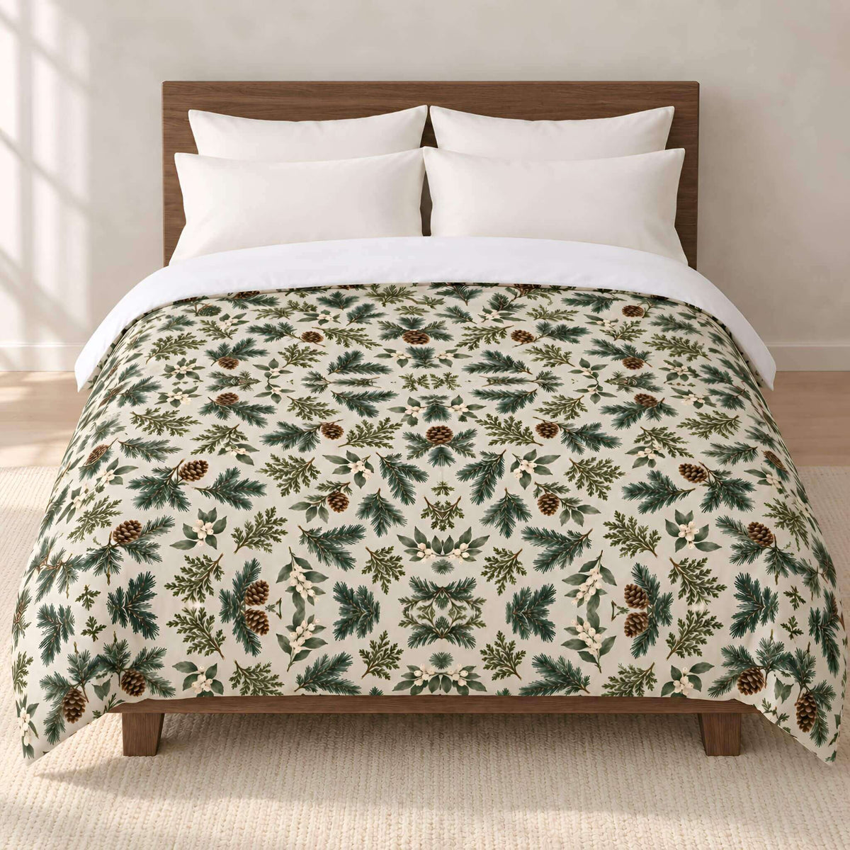 A bed dressed with a cream duvet cover featuring a green pine and pinecone pattern, styled with white pillows and a white folded-back top sheet, set against a light wood headboard and a neutral wall.