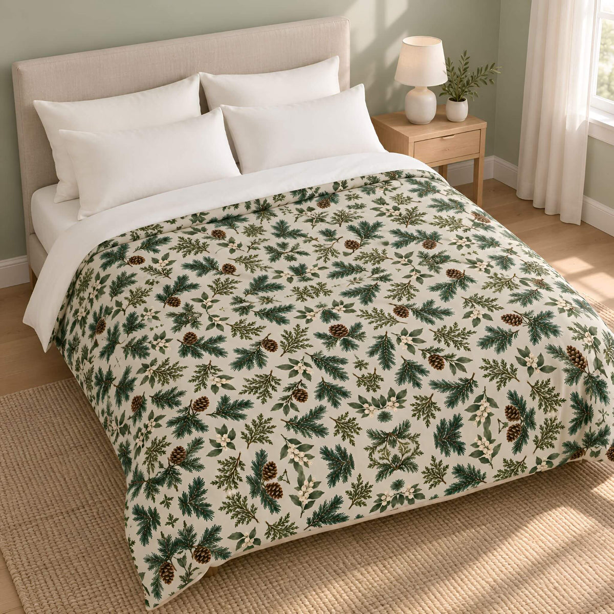 A bed dressed in a cream-colored duvet cover with a green pine and pinecone pattern, styled in a bright, modern bedroom with a beige headboard, white pillows, and a wooden nightstand.