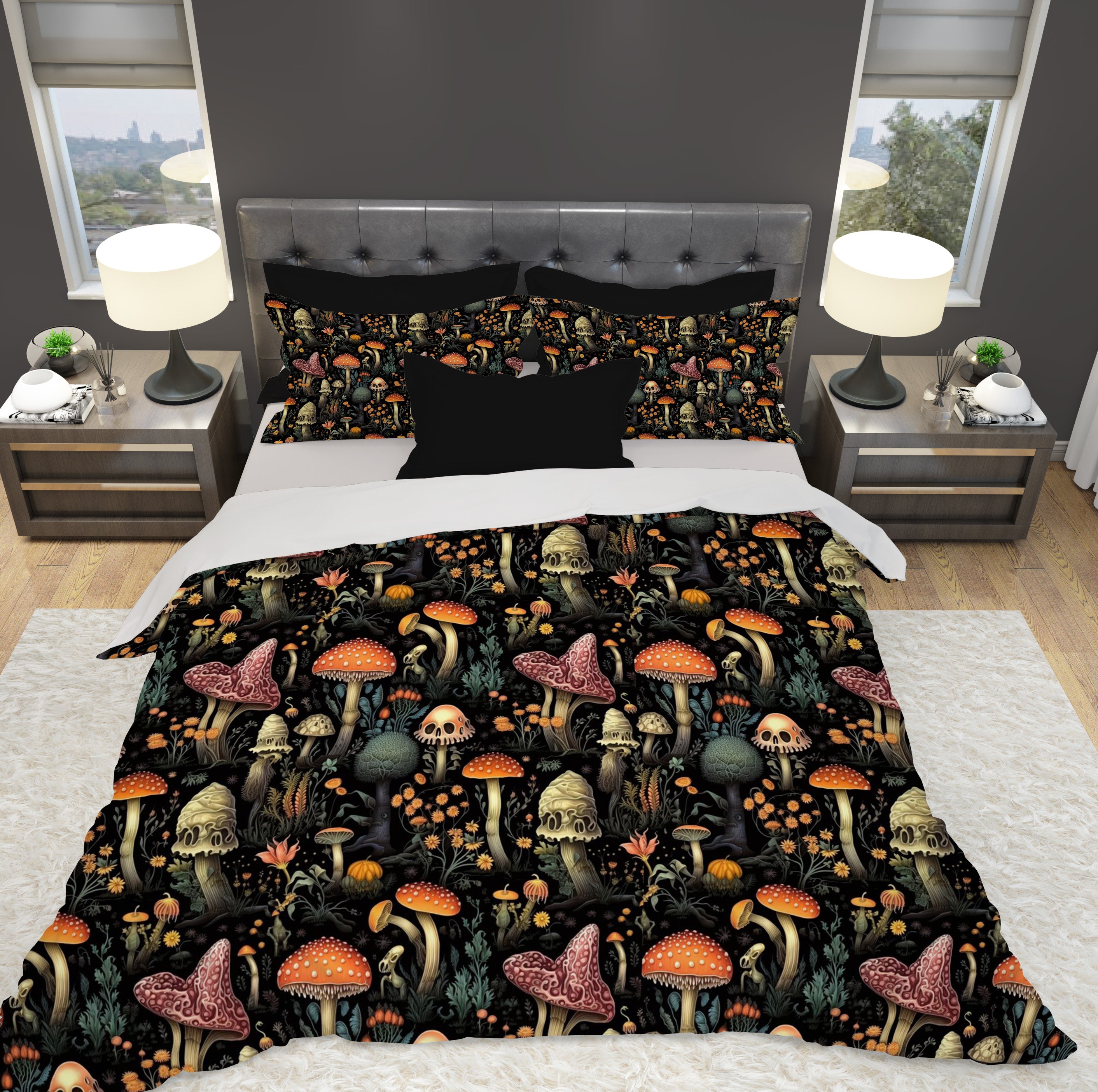 Dark Dweller Mushroom Duvet Cover Set with Pillow Shams, Microfiber