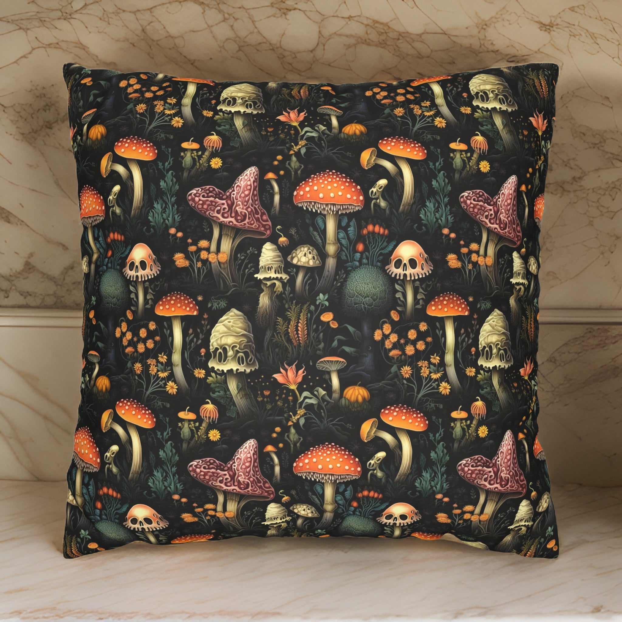A square faux suede pillow with a dark mushroom pattern, featuring a variety of mushroom shapes in shades of black, orange, and gray, with a black background.