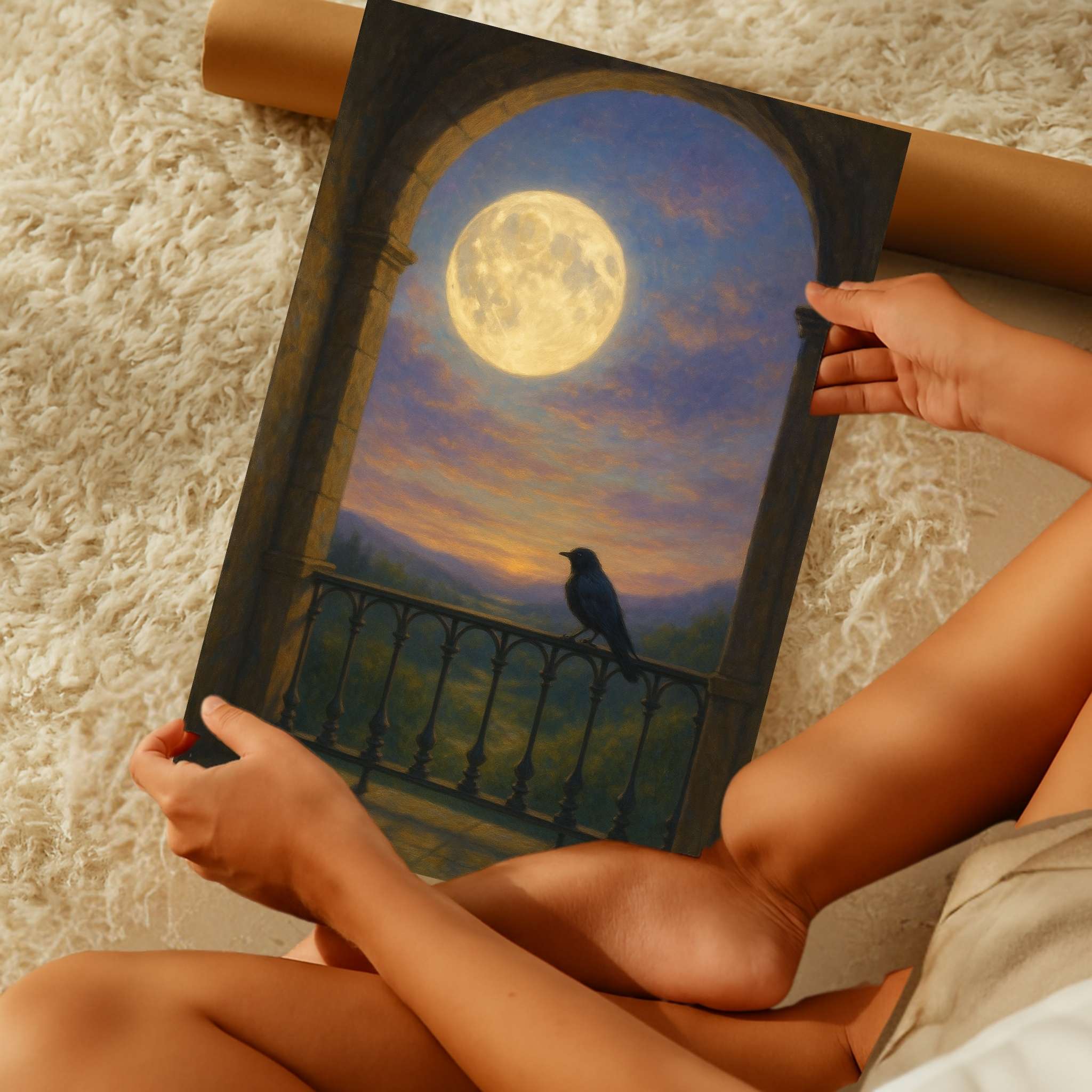 Person holding a fine art print of a full moon and silhouette of a raven on a balcony.