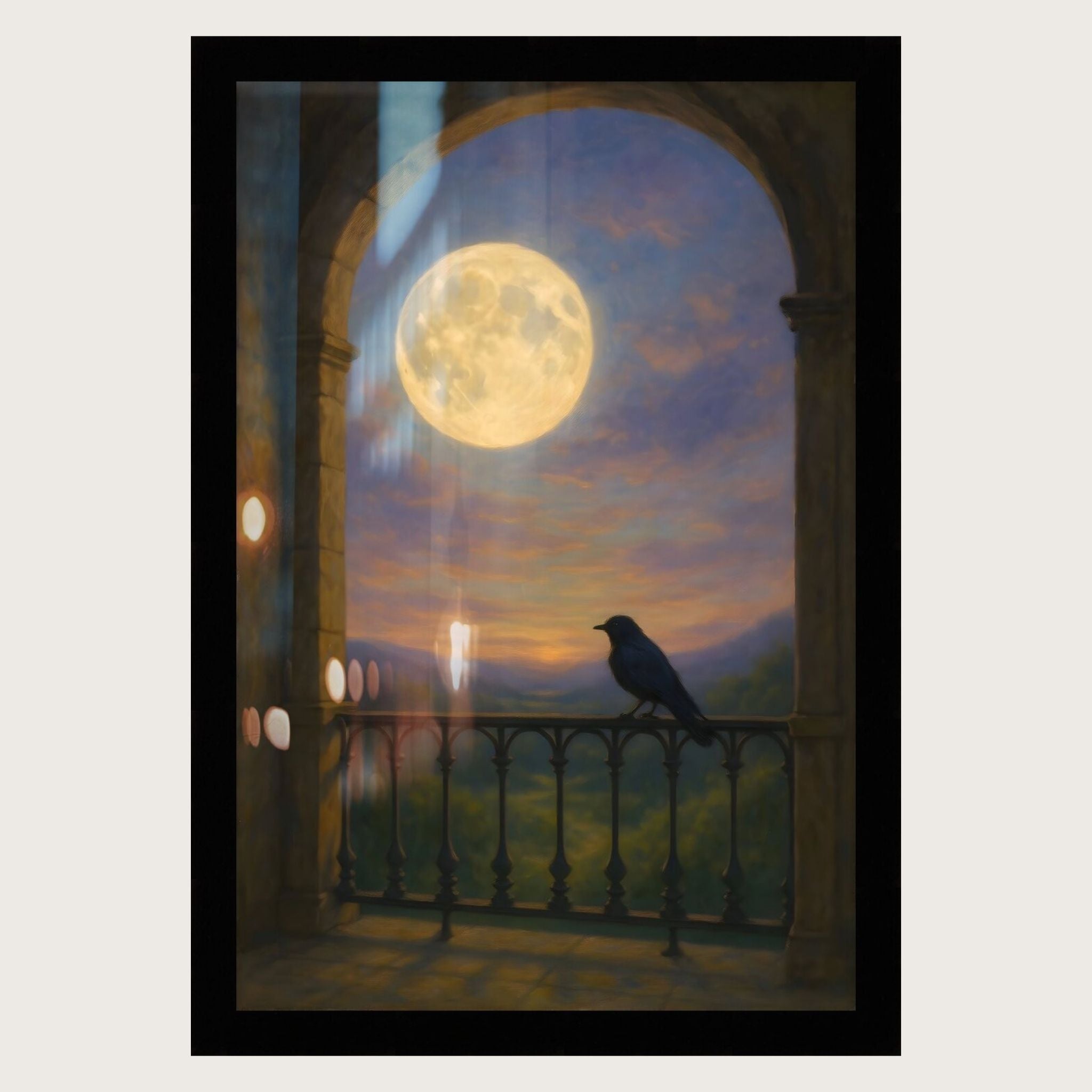 Painting of a raven on a balcony railing with a full moon and colorful sky.