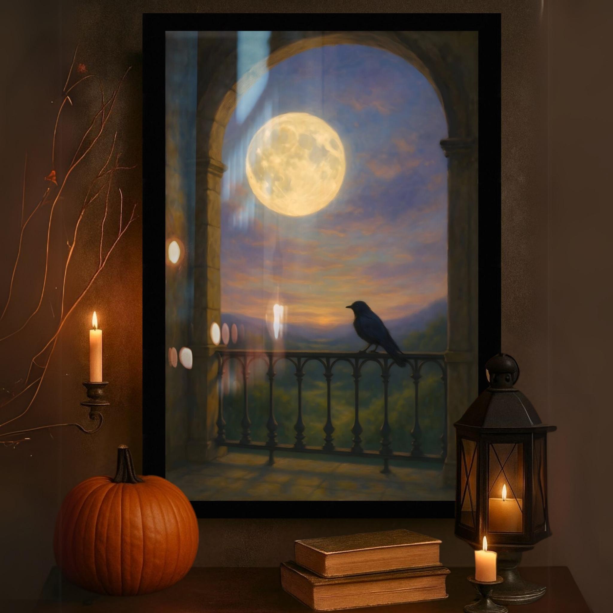 Framed gothic artwork of a raven on a balcony with a full moon, surrounded by candles and a pumpkin.