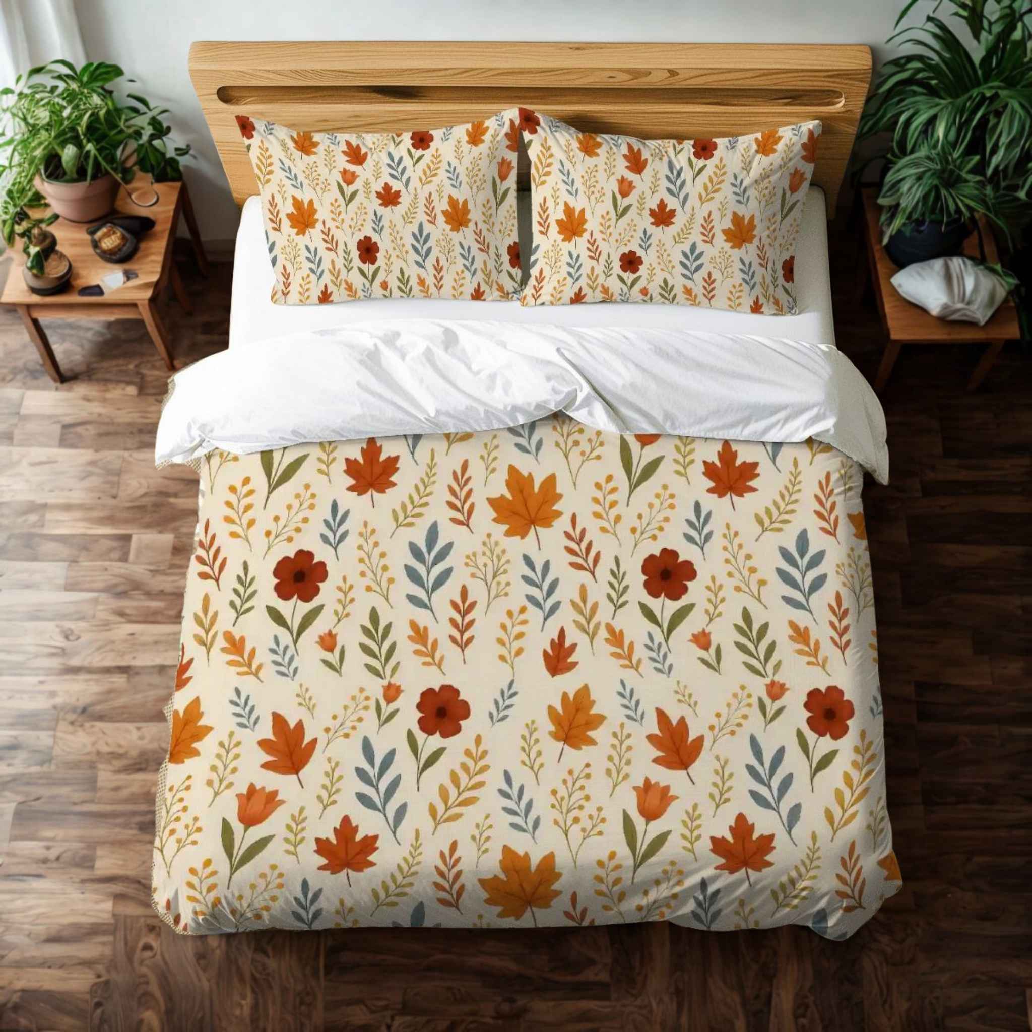 Bed with floral patterned bedding and pillows in a room with wooden floors and plants.